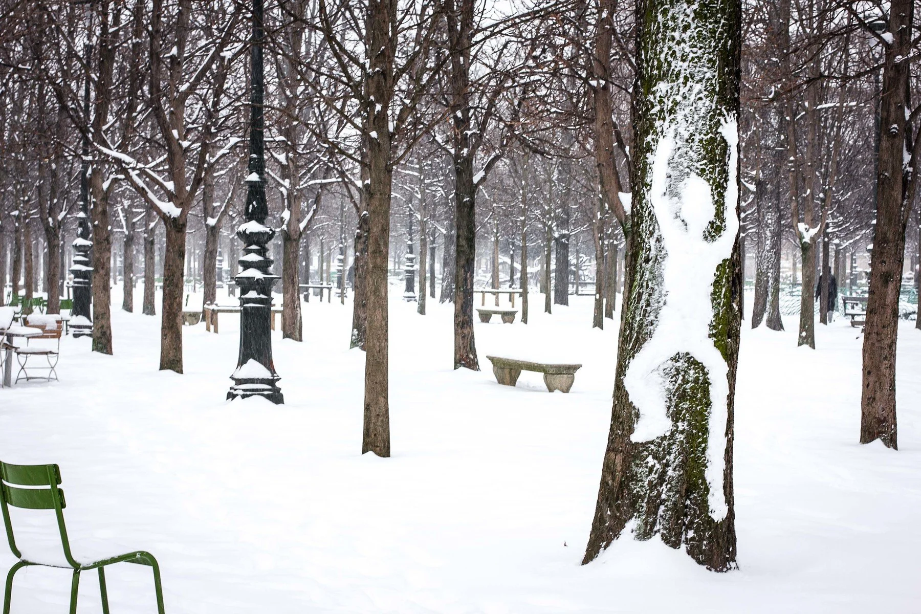 Snow-covered park in Paris, the Jardin des Tuileries, with benches, trees, and a vintage-style lamppost during snowy weather.