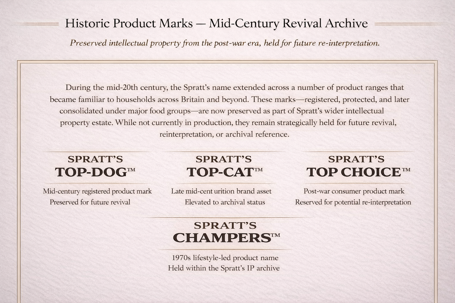 A webpage about historic product marks from the mid-20th century, including Spratt's Top-Dog, T Spratt's Top-Cat, Spratt's Top Choice, and Spratt's Champers, with descriptions of each brand's historical significance.
