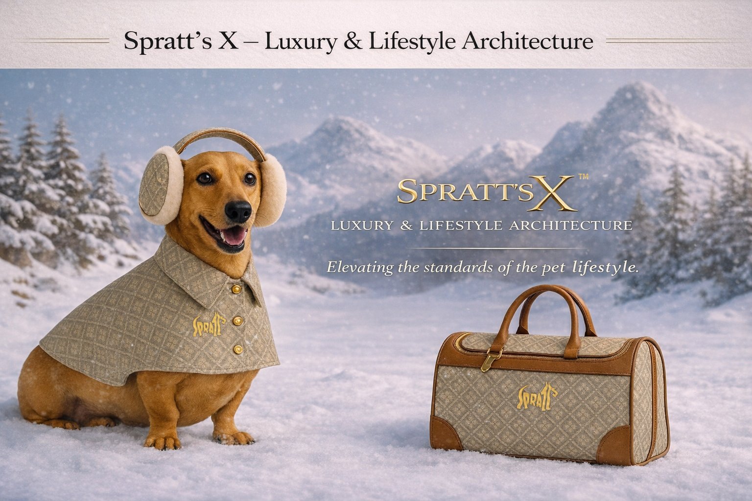 Luxury pet lifestyle imagery inspired by Spratt’s 1860 heritage, blending British design, craftsmanship, and modern pet fashion.