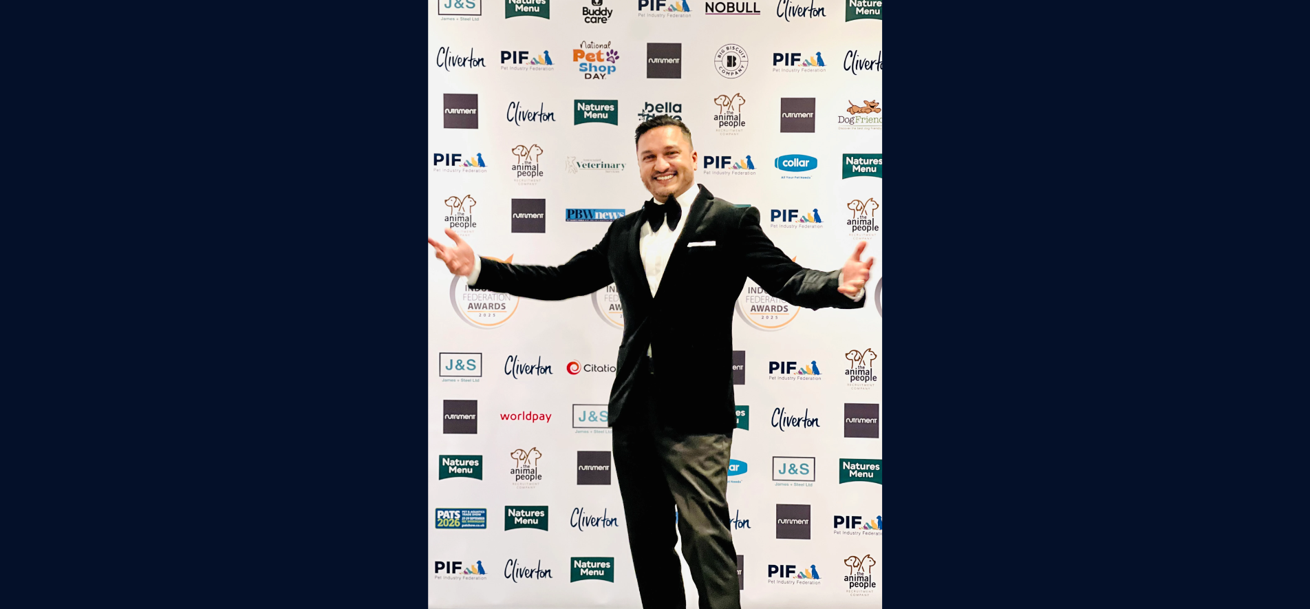 Spratt’s founder at an industry awards event, reflecting the modern revival of the world’s first pet brand established in 1860.