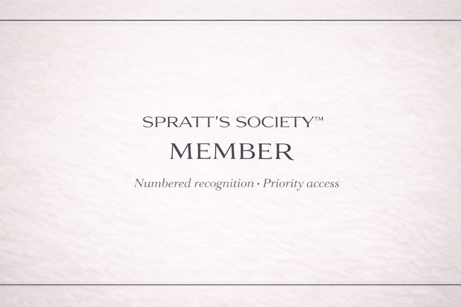 Certificate of membership from Spratt's Society with text indicating numbered recognition and priority access.