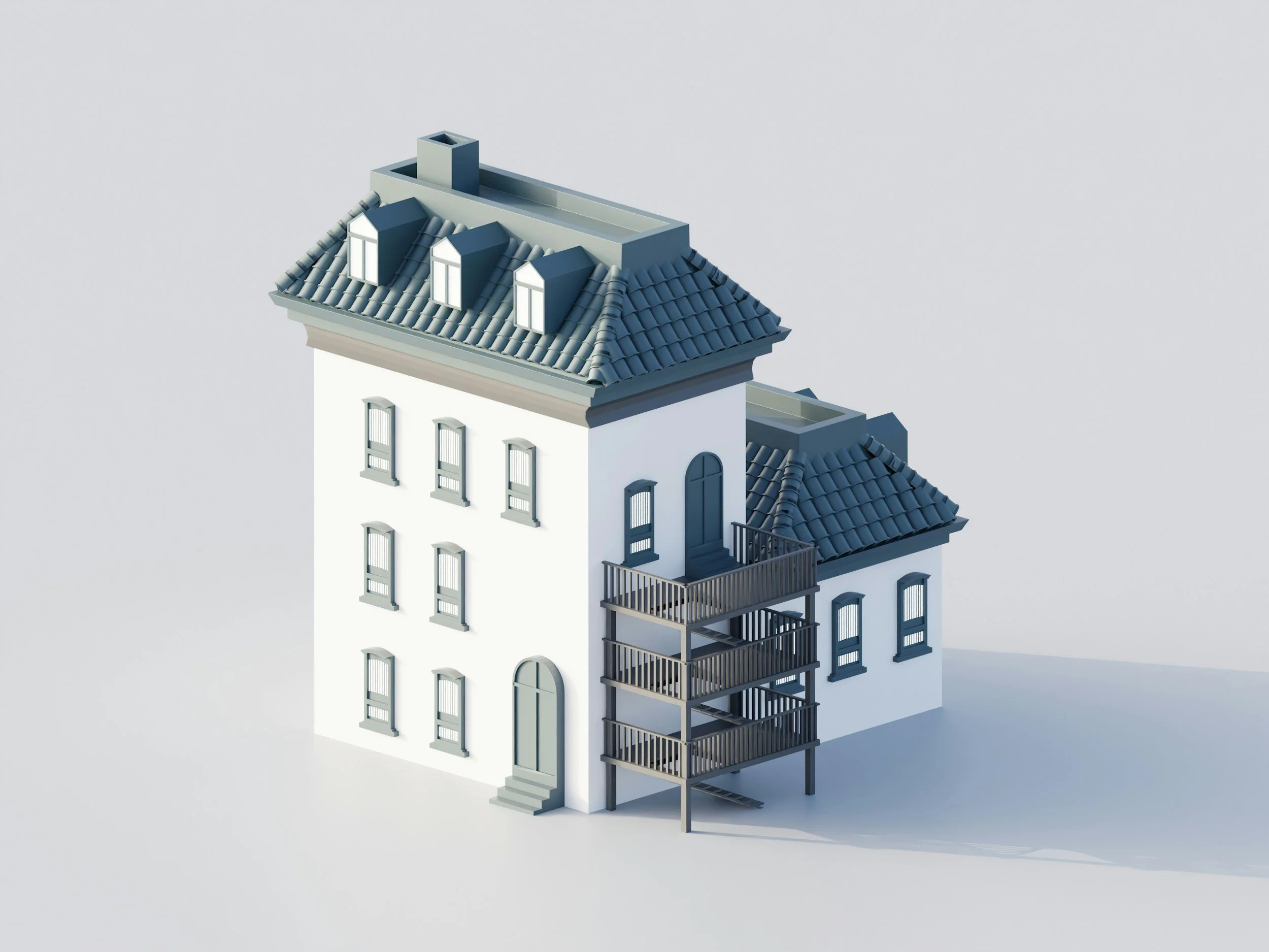 A 3D model of a white multi-story house with a blue tiled roof and multiple windows, including a small balcony and an external staircase.