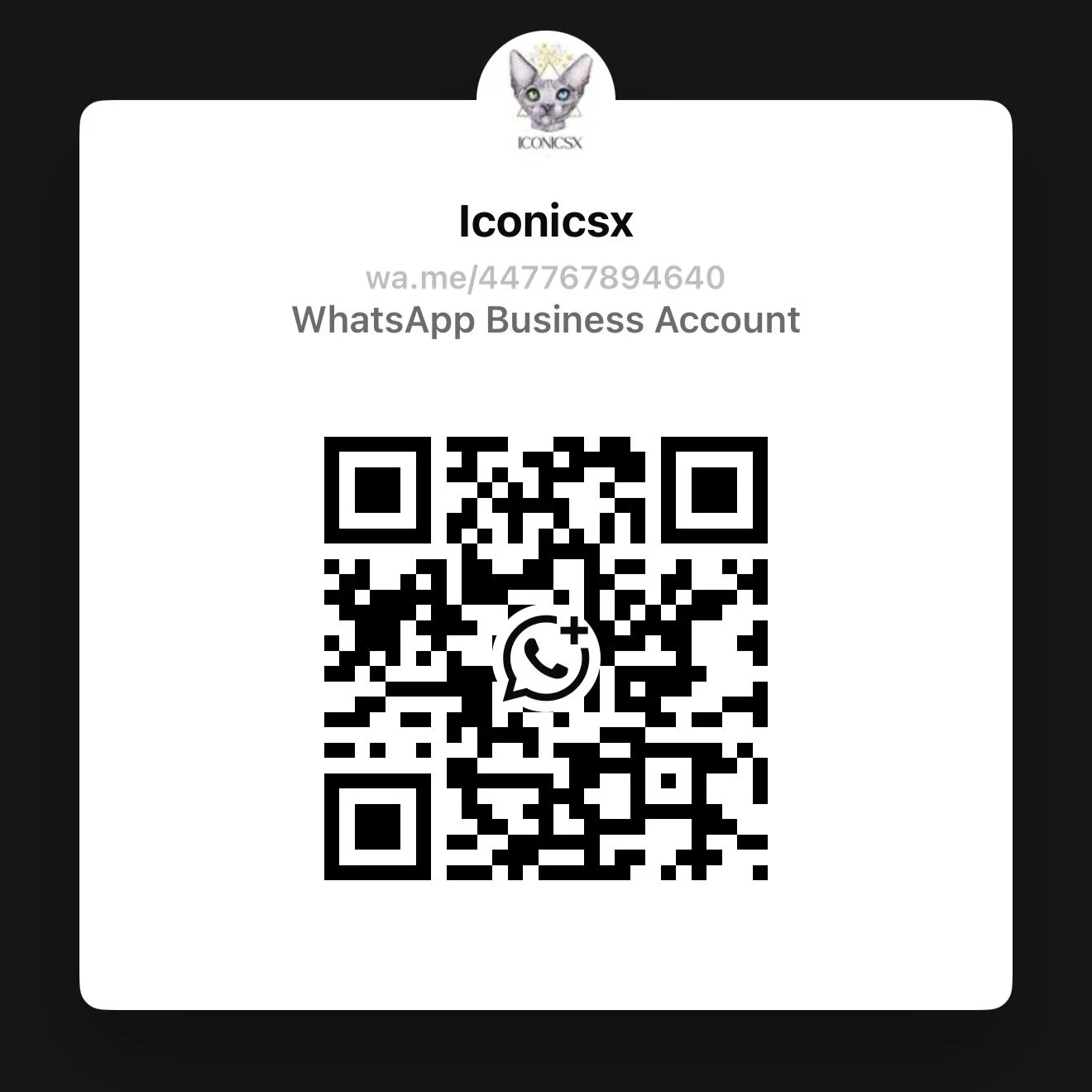QR code on a business card for Iconicsx, a WhatsApp business account, with a cat logo at the top.