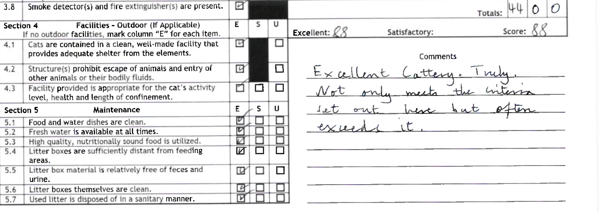 Excerpt from the TICA Outstanding Cattery evaluation form with the inspecting veterinarian's comment