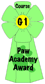 Green four-leaf clover award ribbon with yellow center, reading 'G1', 'Course', 'Paw Academy Award'