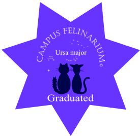 Purple star-shaped badge with two black cats sitting back to back, surrounded by text: 'CAMPUS FELINARIUM', 'Ursa major', and 'Graduated'.