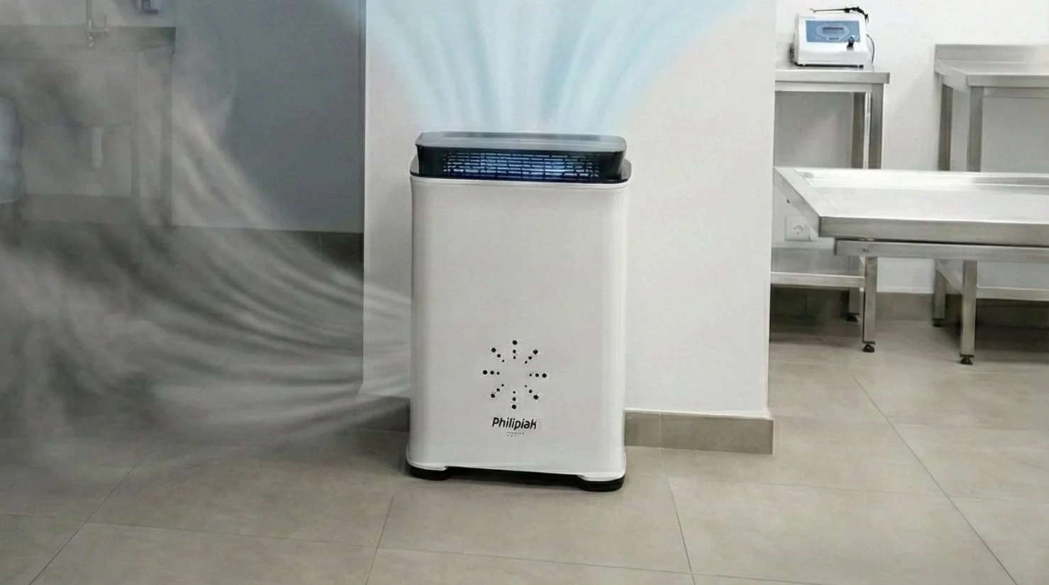 A white Philips air purifier with blue light emitting from the top, situated on a tiled floor in a clinical or laboratory setting with stainless steel tables in the background.