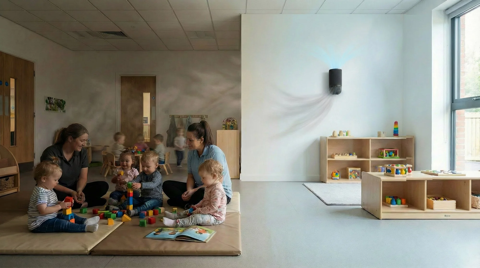 Group of children and teachers playing with toys on a mat in a classroom with shelves of educational toys and a large window.