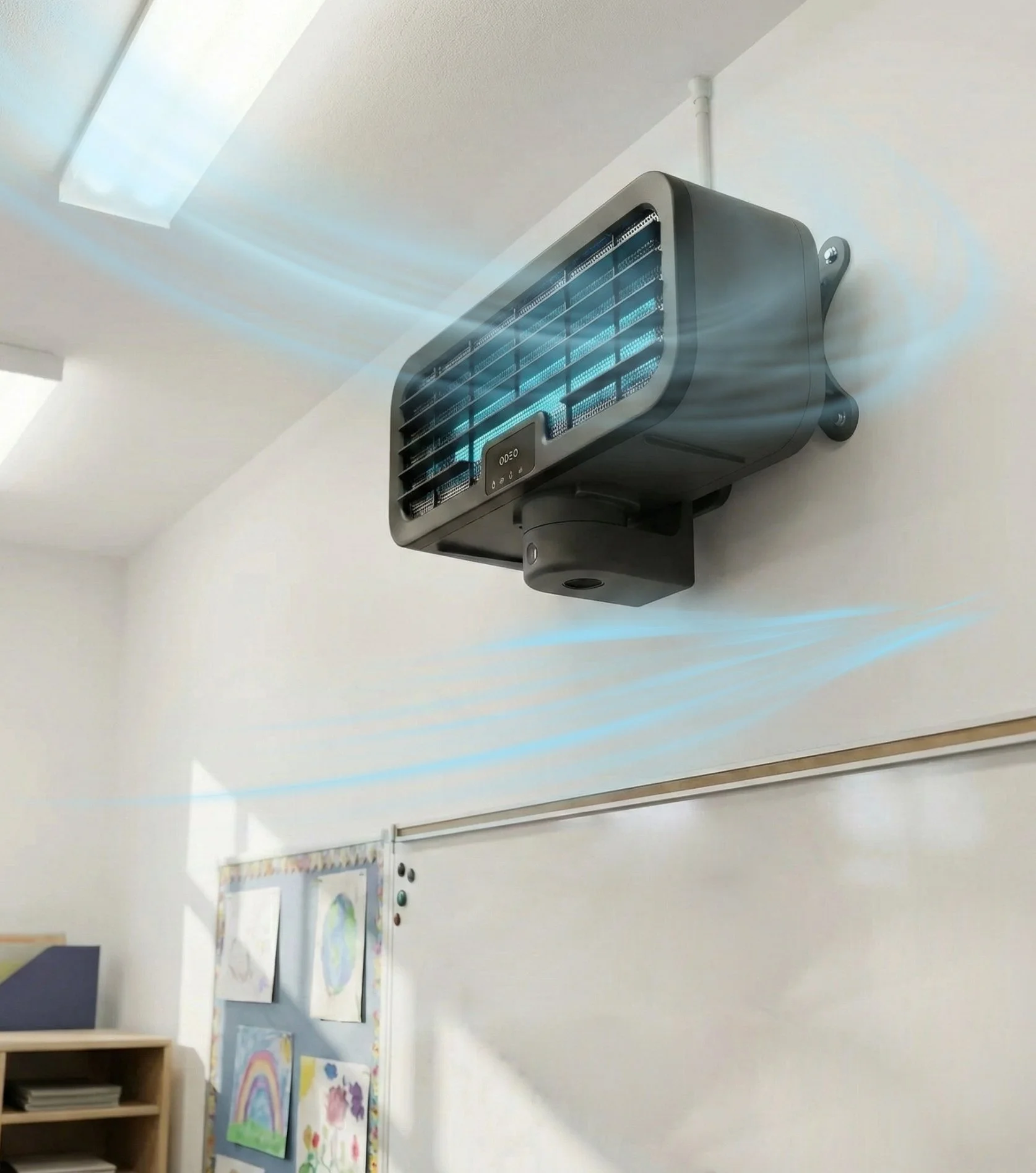 Wall-mounted ultraviolet air sterilizer emitting blue light in a classroom.