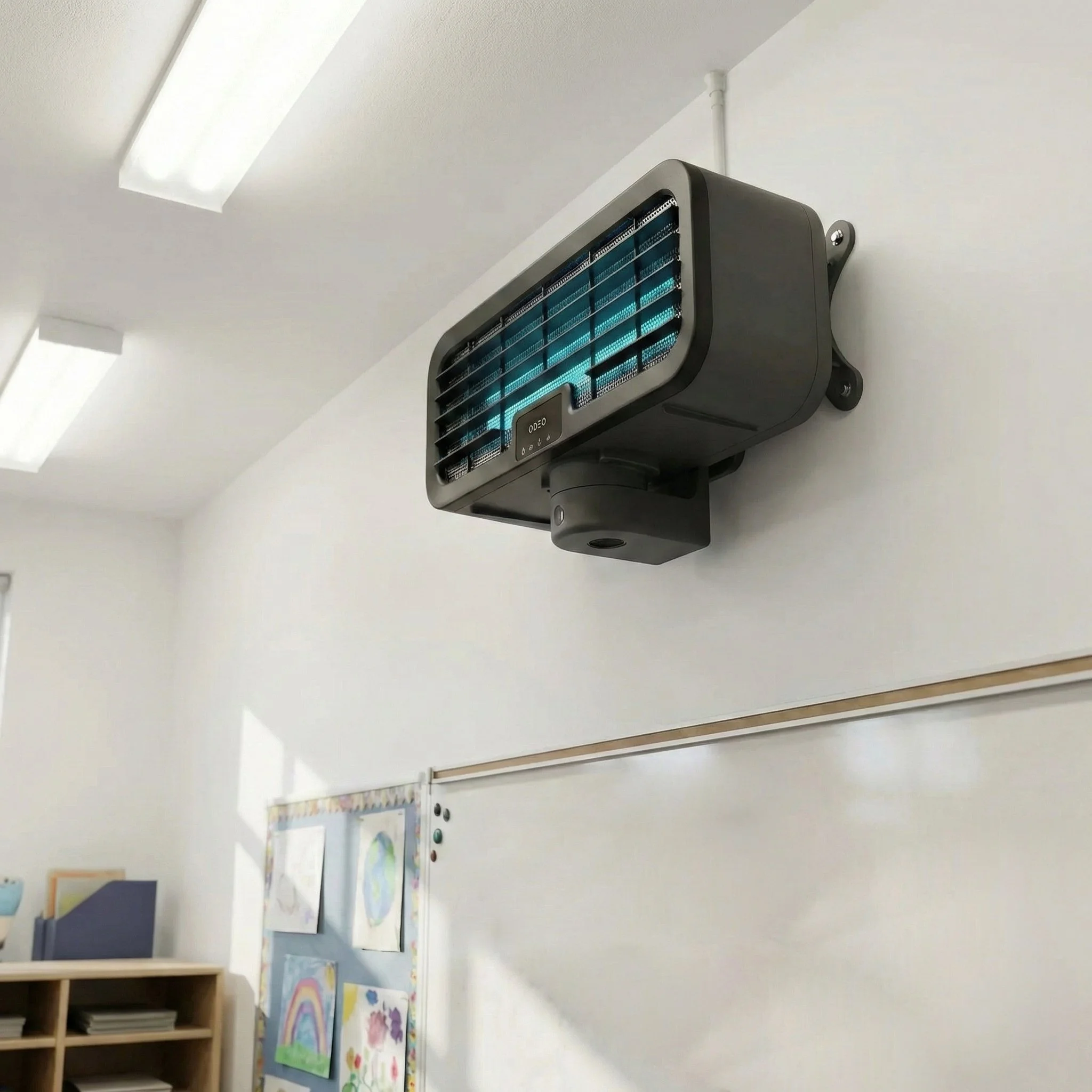 Wall-mounted electric heater in a classroom with whiteboard and children's artwork.