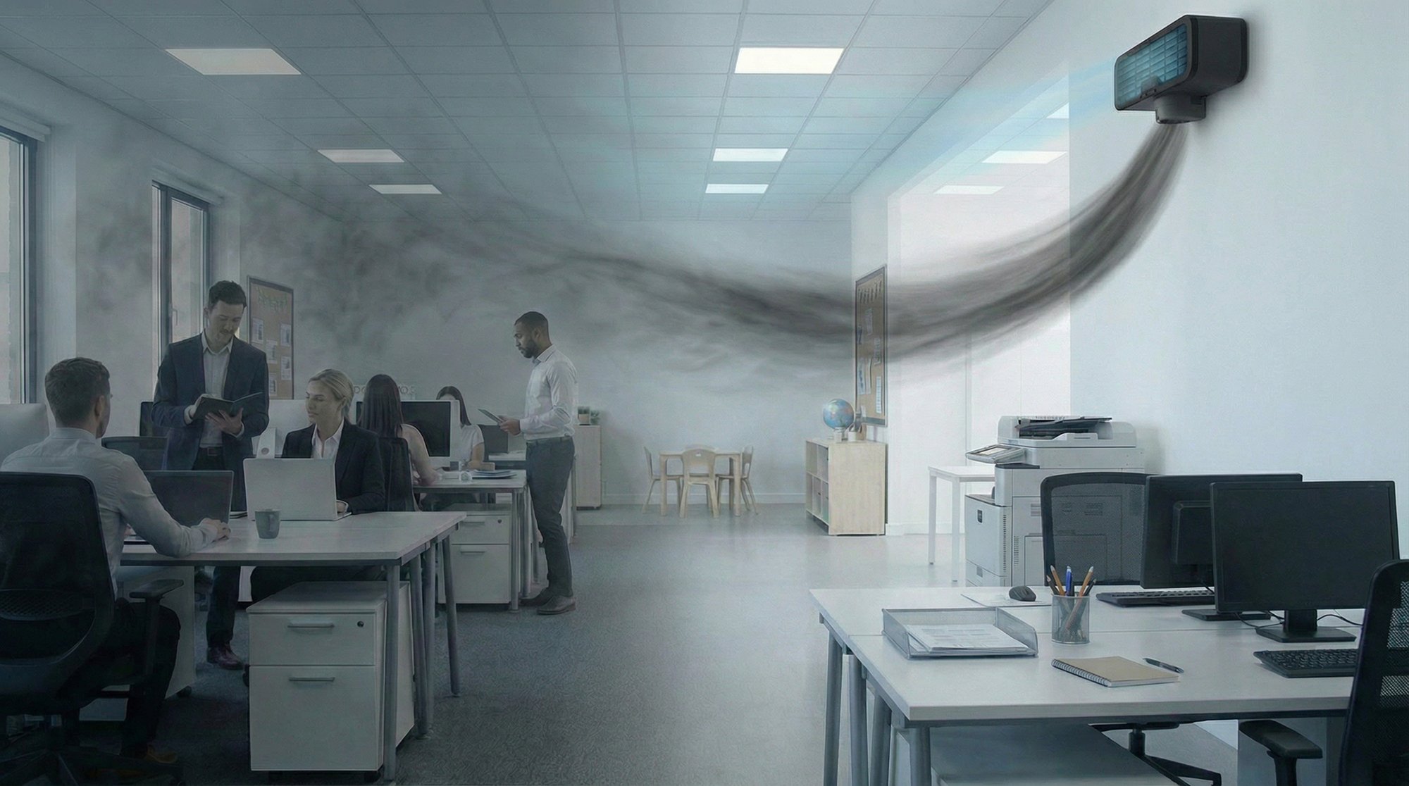 An office space with employees working at desks. A visual representation of a computer screen emitting black smoke directed toward the wall.