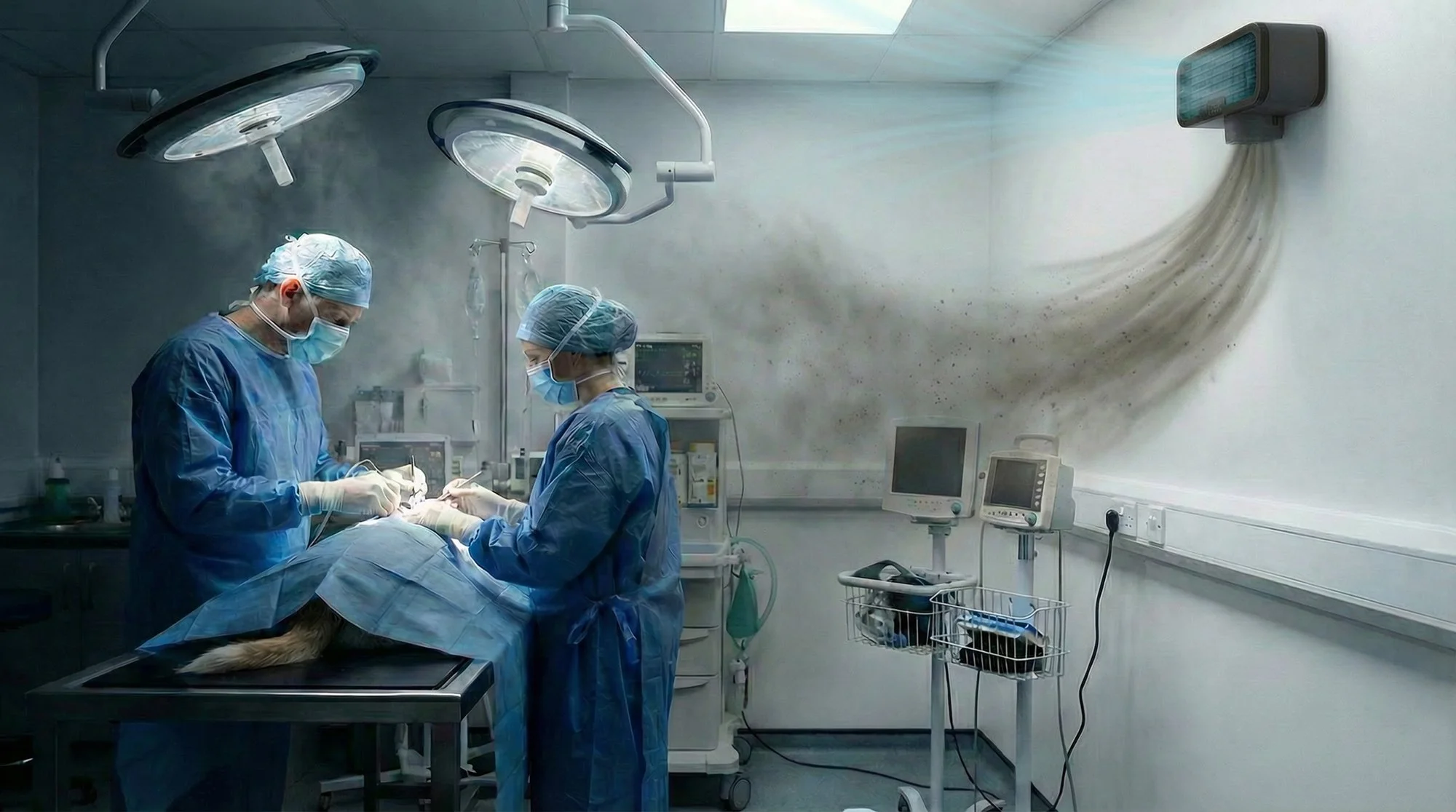 Veterinary surgeons performing surgery on a dog in an operating room, with medical equipment and monitors surrounding them.