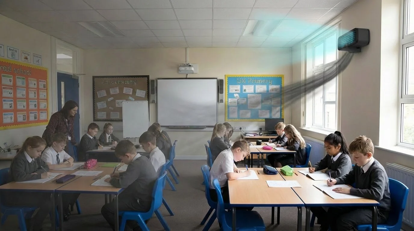 Students sitting at desks in a classroom, some with notebooks open, listening to a teacher near the left side. A projector is projecting a beam towards a wall heater on the right side, near the front windows.