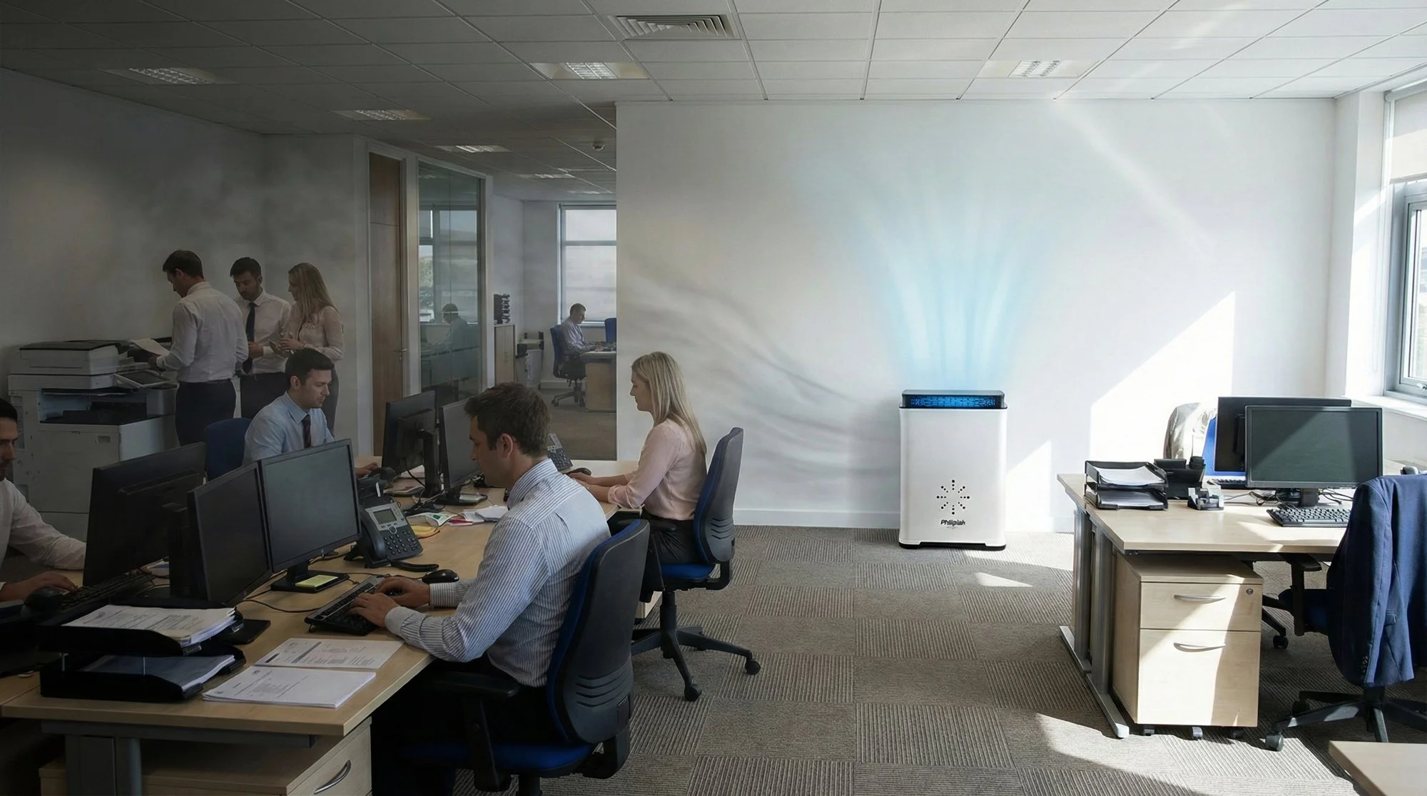 An office with multiple employees working at desks with computers, some standing near a copier, and a few sitting and working at their desks with sunlight streaming through windows.