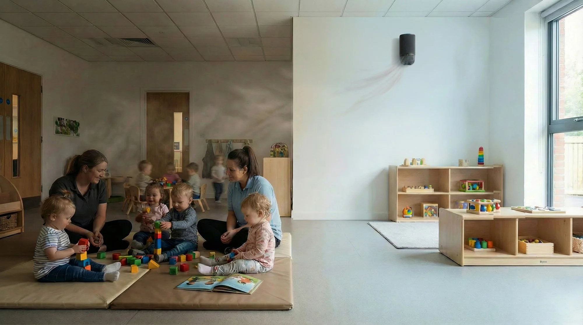 Children and caregivers playing with colorful building blocks on a padded mat in a classroom.
