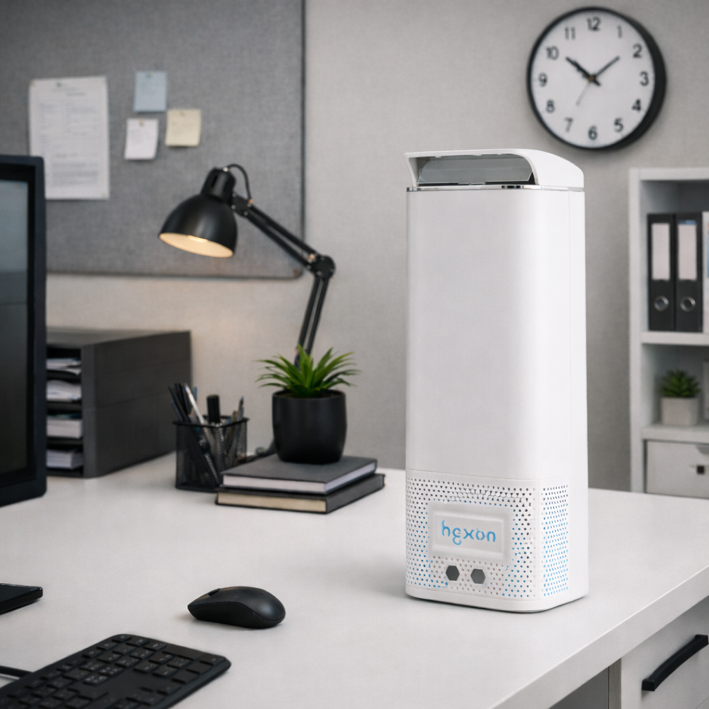 A white air purifier with the brand name 'hexon' on the front is placed on a white office desk. The desk has a black computer monitor, a black computer mouse, a keyboard, a black desk lamp, a small potted plant, and a stack of notebooks. In the background, a wall clock shows the time as 10:09, with a grey bulletin board and some papers pinned to it, along with a white shelving unit with binders and plants.