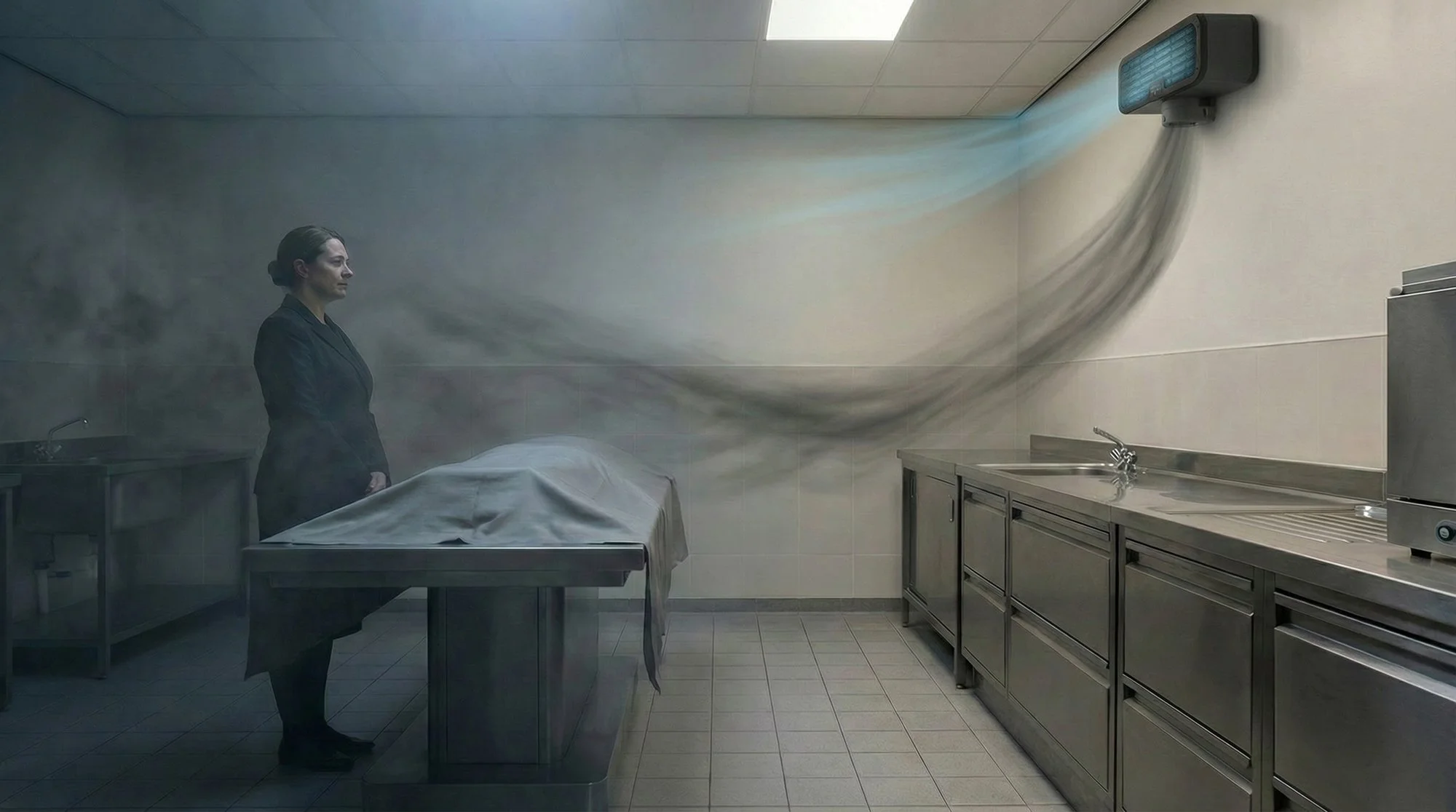 A woman in black scrubs stands in a sterile kitchen with stainless steel cabinets and a sink. A mysterious black smoke or shadow is emanating from an object covered with a cloth on the table, and a black, wall-mounted device on the wall appears to be projecting or emitting the shadow or smoke.