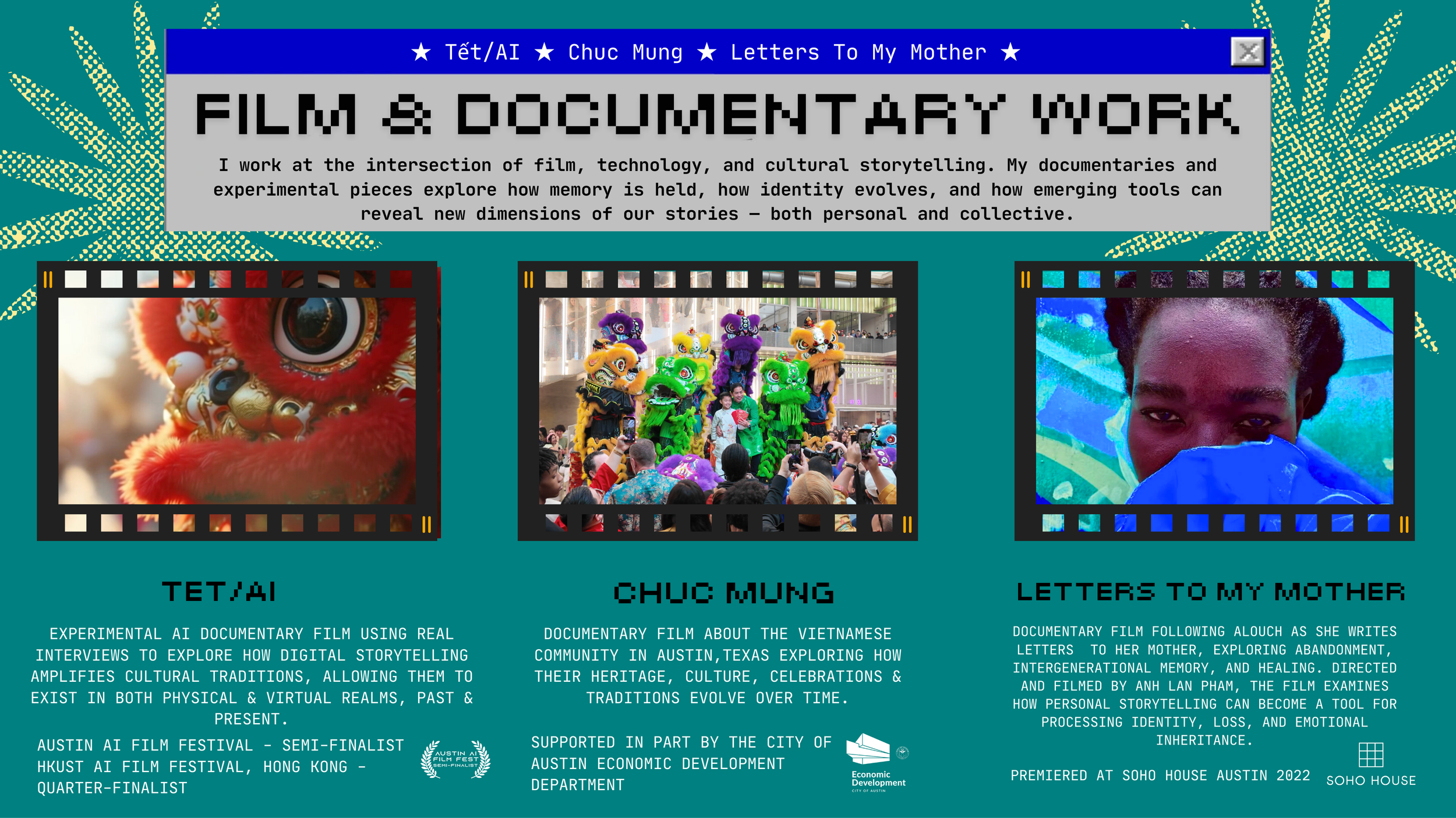 Anh Lan Pham is a Vietnamese American filmmaker whose documentary and experimental film work explores cultural memory, diaspora, intergenerational connection, and storytelling across communities.