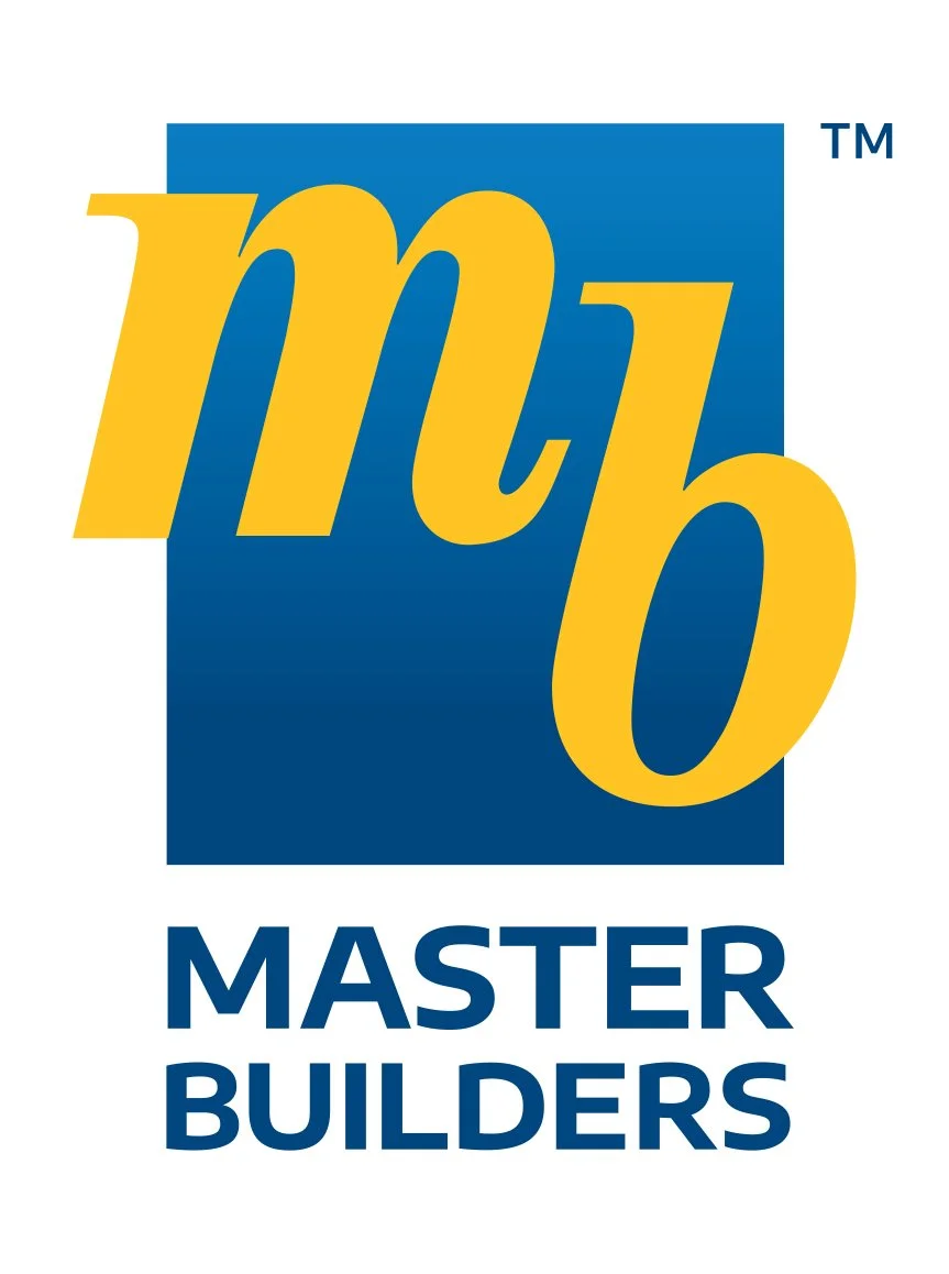 Logo for Master Builders Association featuring the letters 'mb' in yellow, overlapping a blue square with the text 'MASTER BUILDERS' below in blue.