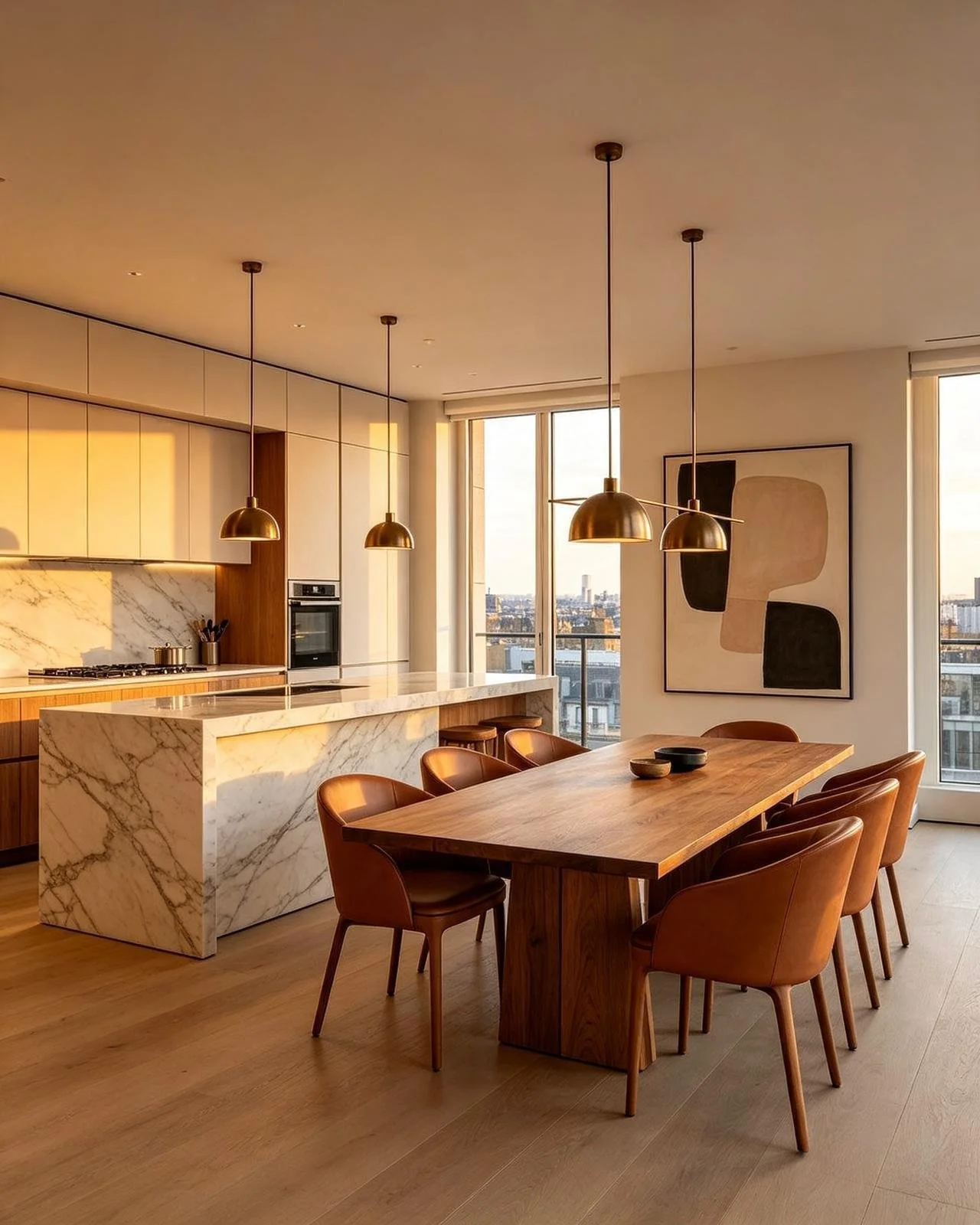Modern open-plan kitchen and dining area with a marble island, wooden dining table, brown leather chairs, black bowls on the table, large windows, abstract wall art, and hanging pendant lights.