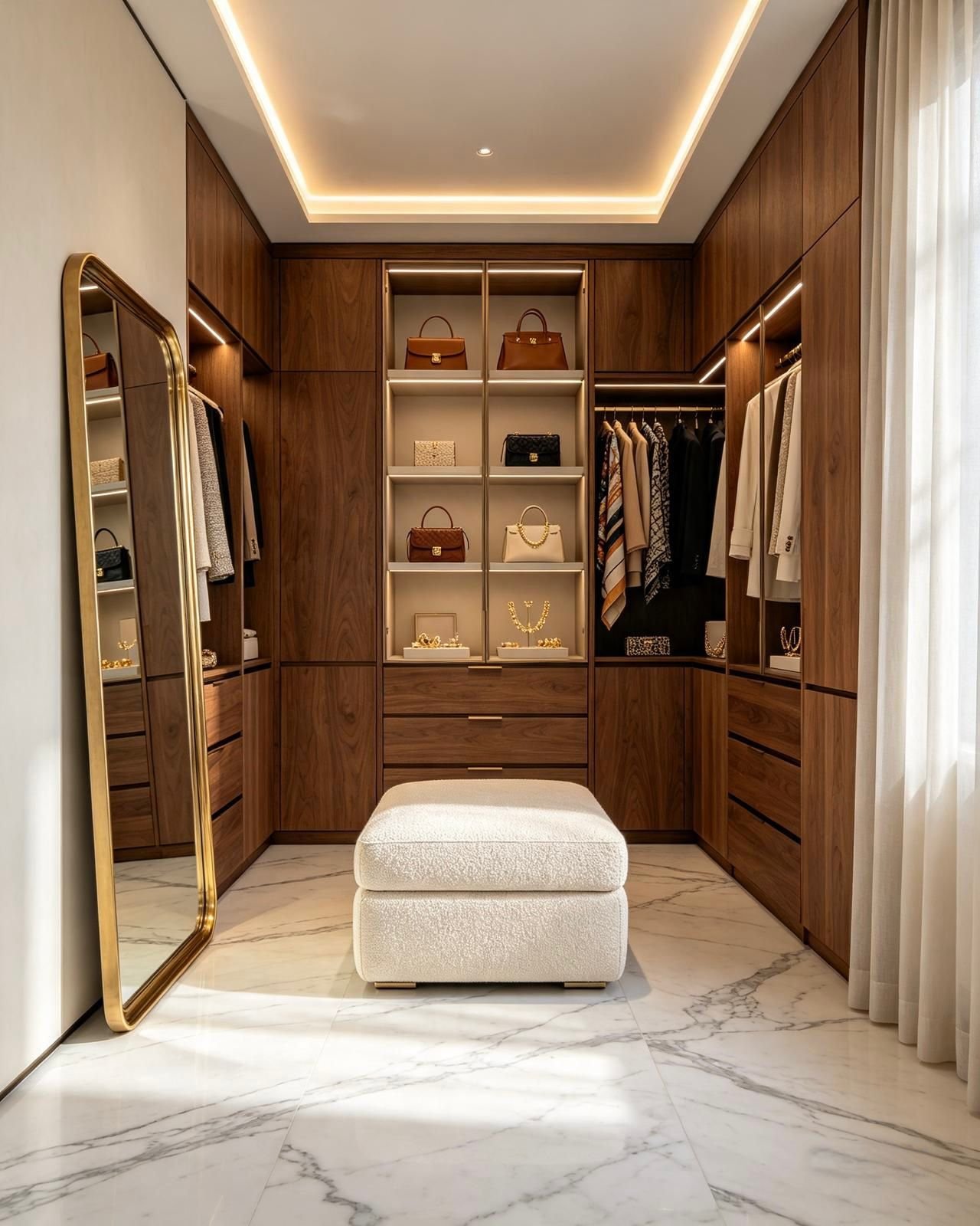 Luxurious walk-in closet with wooden built-in cabinets, clothing hanging on racks, and display shelves showcasing handbags and jewelry. A large mirror with a gold frame is on the left, a white cushioned ottoman in the center, and white curtains on the right. The ceiling has recessed lighting and a marble floor.