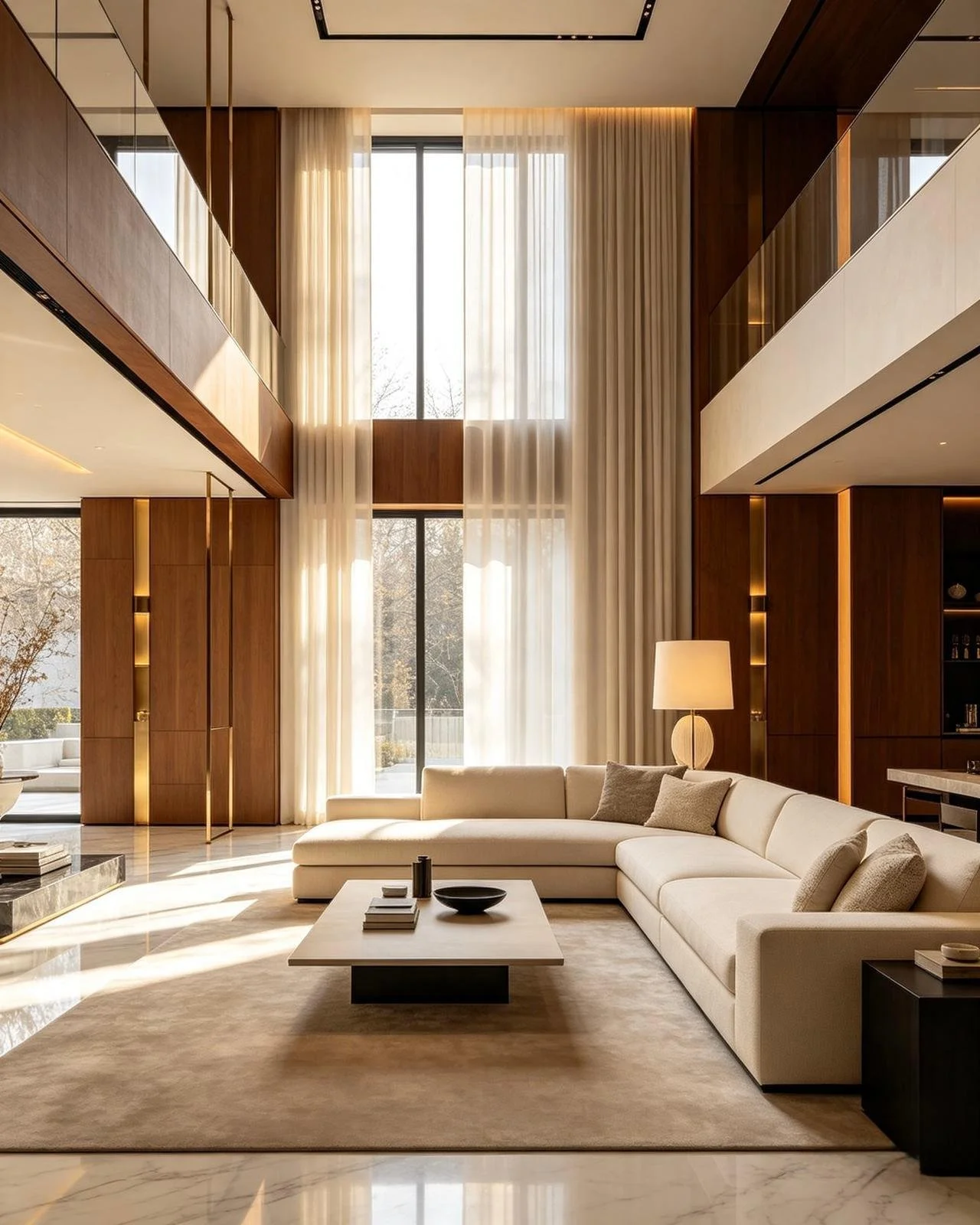 Modern living room with high ceilings, large windows with sheer curtains, a cream sectional sofa with pillows, a white coffee table with decorative items, a floor lamp, and wooden wall panels with built-in shelves.