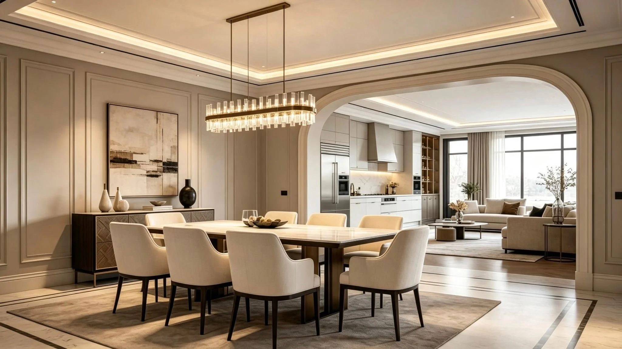 A modern open-concept living and dining area with a dining table and four chairs in the foreground, a living room with sofas and large windows in the background, and a kitchen with white cabinets and stainless steel appliances on the side. Elegant light fixtures hang from the ceiling.