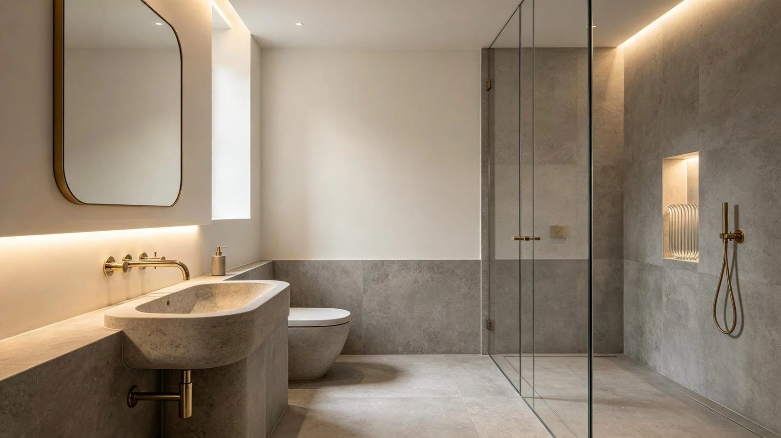 Modern bathroom with beige and gray stone surfaces, a wall-mounted mirror, a vessel sink with a gold faucet, a wall-mounted bathtub, and a glass-enclosed shower with a gold handheld showerhead and niche lighting.