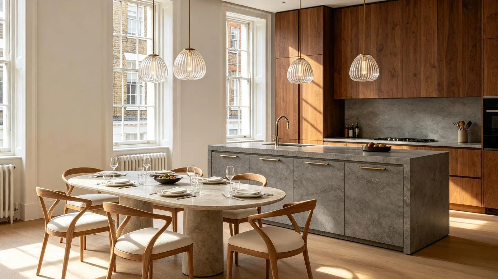 Modern kitchen and dining area with a marble dining table, wooden chairs, wooden kitchen cabinets, a gray kitchen island, pendant lights, and large windows letting in natural light.