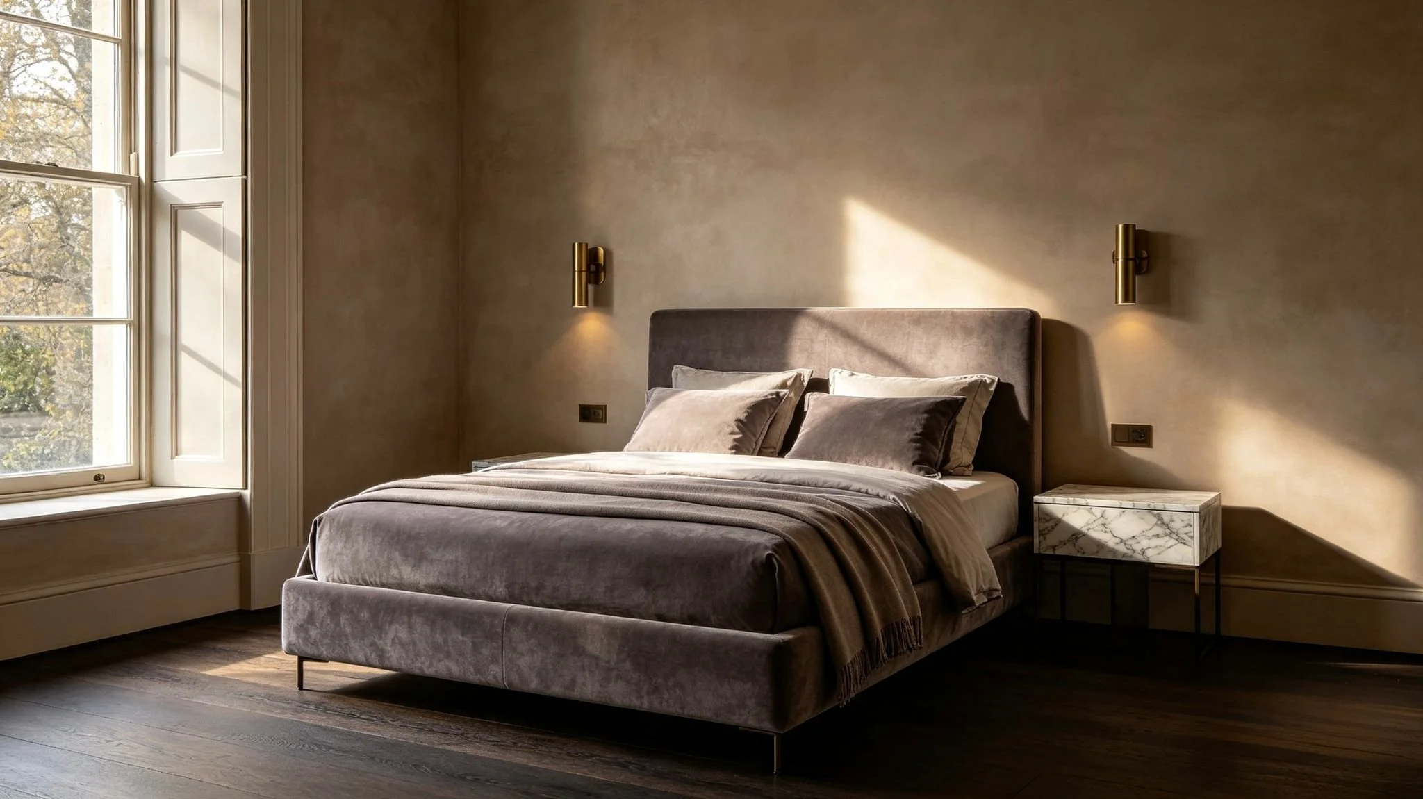 A bedroom with a large bed featuring a beige headboard, brown and beige bedding, and pillows. There is a marble-topped bedside table on the right and two wall-mounted brass light fixtures above the bed. A window lets in natural light, casting shadows on the beige walls and dark wood flooring.