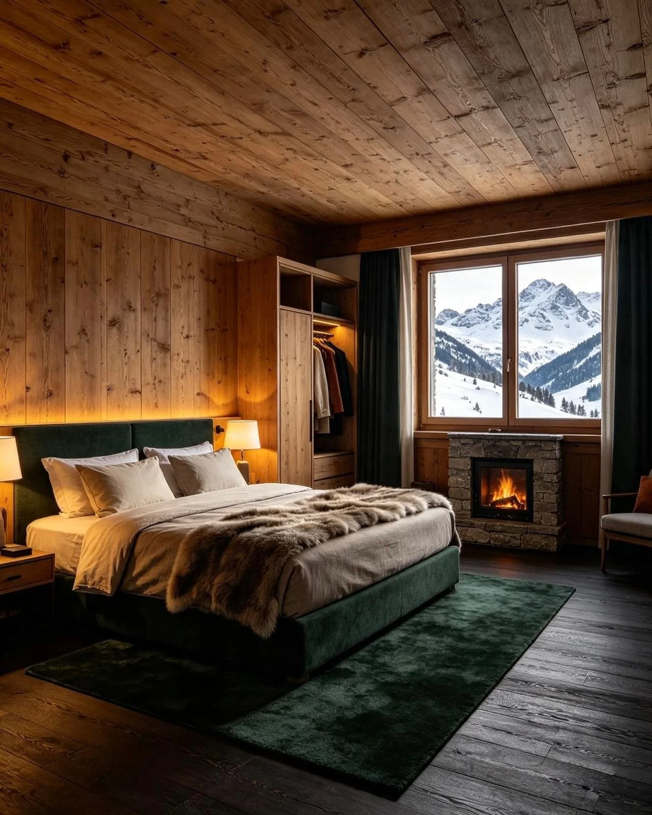 Cozy bedroom with wooden walls and ceiling, a fireplace, a large window showing snowy mountains, a green bed with white and beige pillows, bedside lamps, a fur blanket, and a small open closet with hanging clothes.