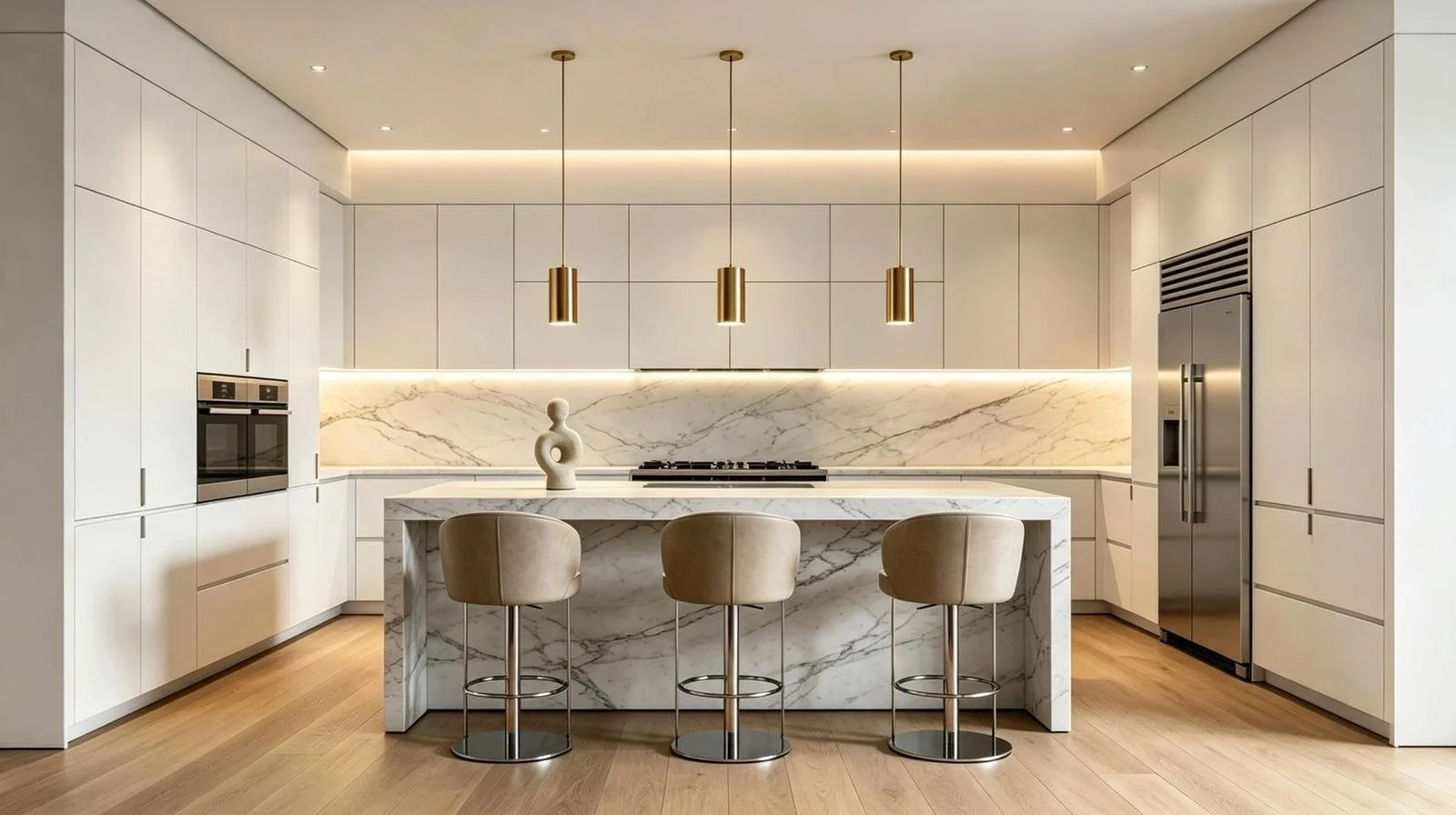 Modern white kitchen with marble island, backsplash, and countertops, three beige bar stools, gold pendant lights, stainless steel appliances, and wood floors.
