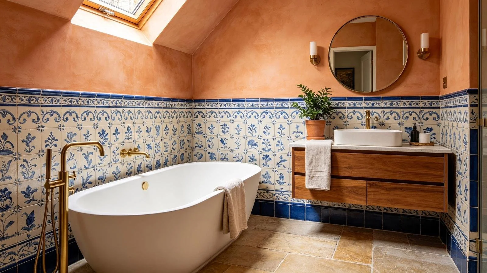 Modern bathroom with a freestanding bathtub, a wooden vanity, a round mirror, a skylight, and blue and white decorative tiled walls.