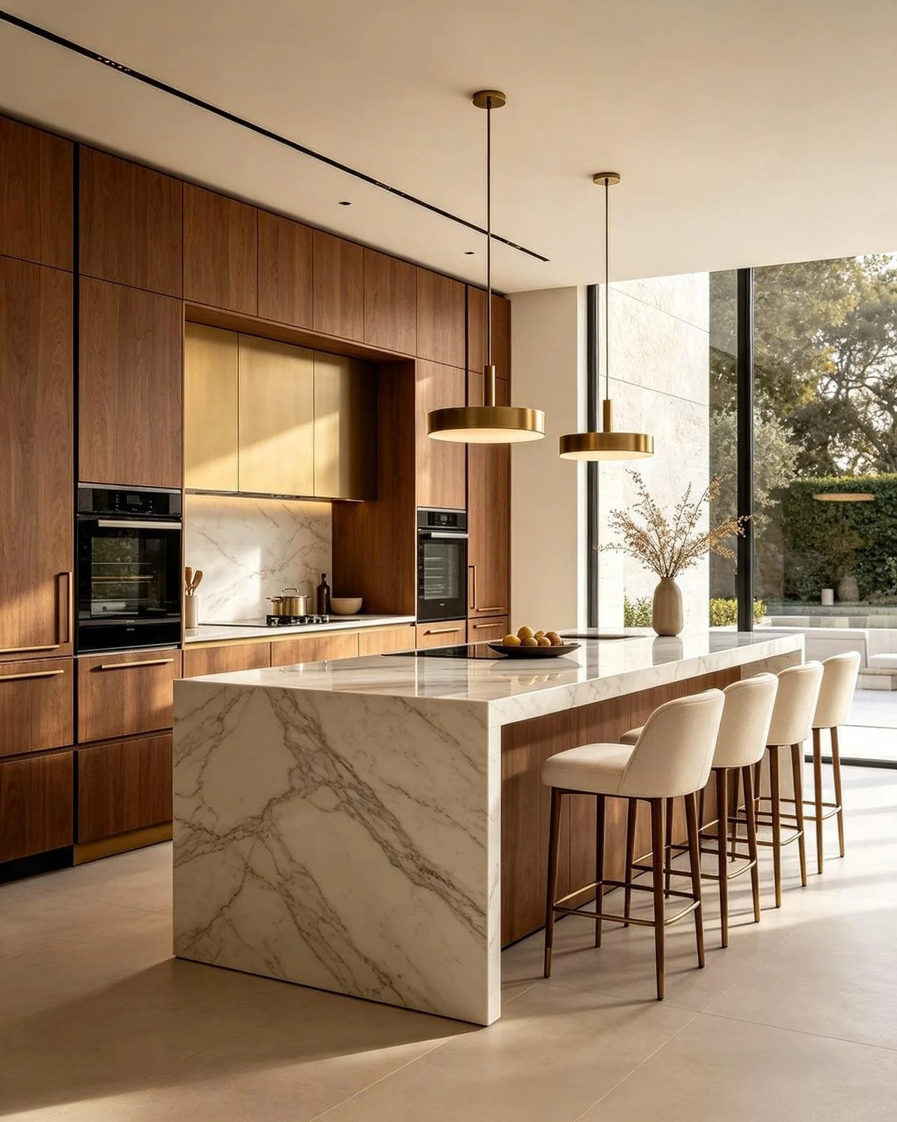 Modern kitchen with a large marble island, wooden cabinetry, and hanging gold pendant lights. There are four beige chairs at the island, a vase with dried flowers, and large windows overlooking a garden.