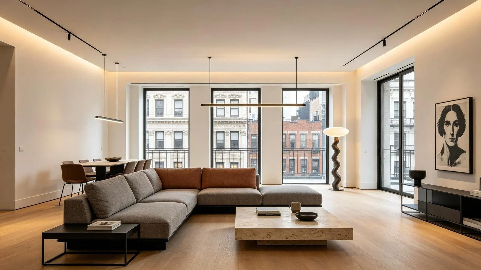 Modern living room with large windows, gray sectional sofa, wooden coffee table, black side table, abstract portrait, and minimalistic decor.