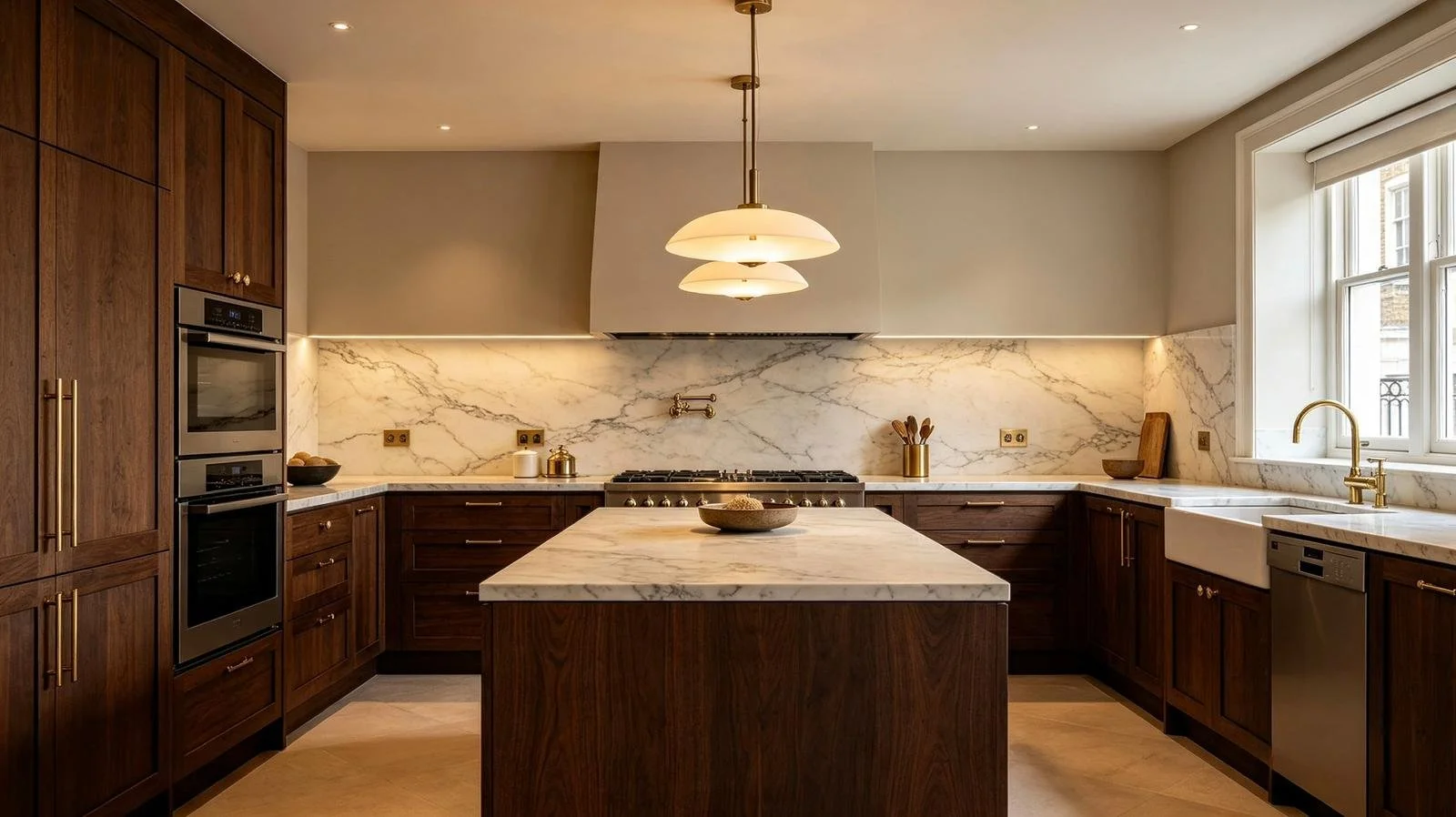 Modern kitchen with wooden cabinets, marble countertops, and a marble backsplash, centered around an island with pendant lights overhead, and a window with a gold faucet sink.