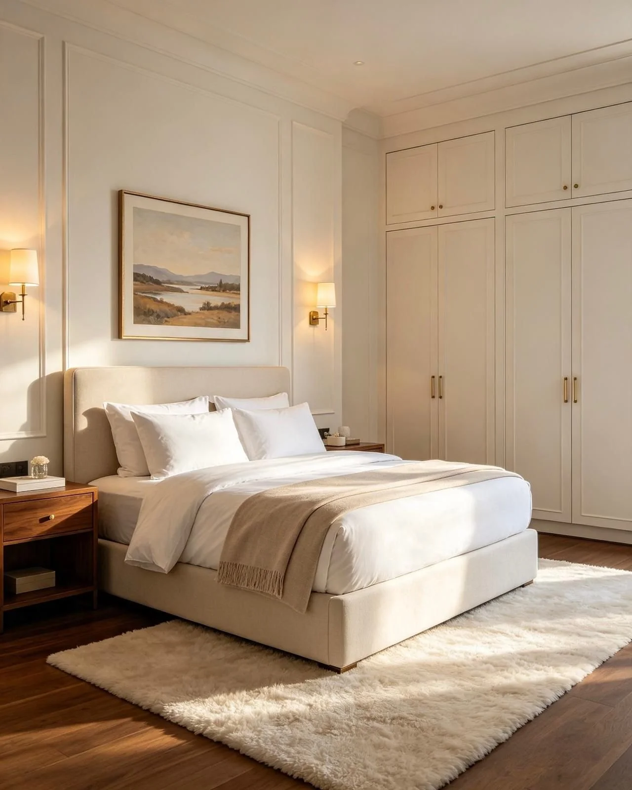 A neatly made bedroom with a white upholstered bed, white bedding, beige throw blanket, wooden nightstand, wall-mounted lamps, landscape painting, white built-in wardrobe, and a plush white rug.