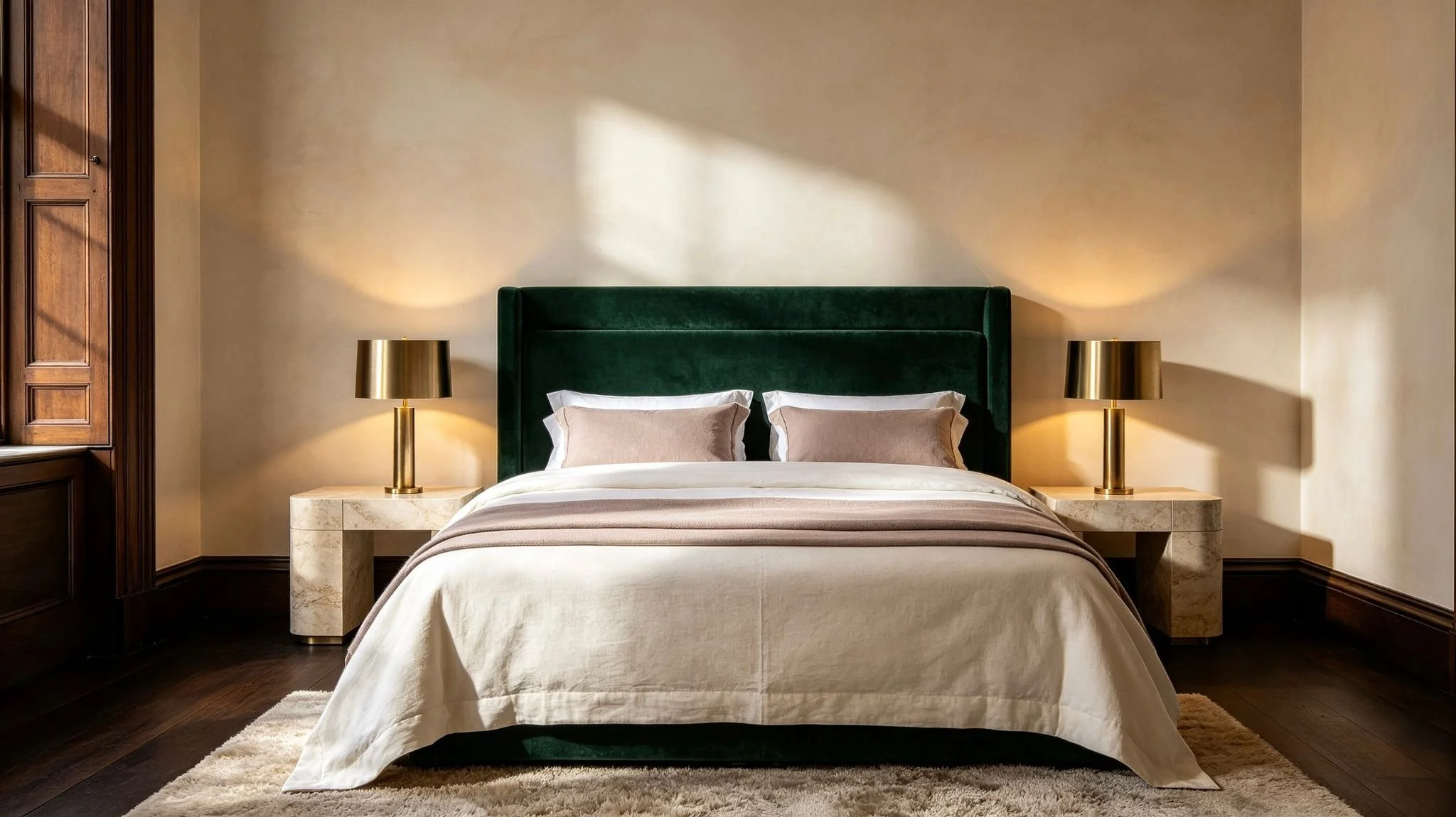A bedroom with a large dark green velvet headboard, two bedside tables with gold lamps, and beige bedding with pillows. The room has natural light and wooden accents.