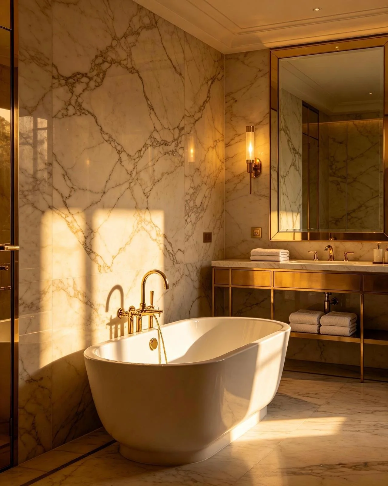Luxury bathroom with a freestanding bathtub, marble walls, a large mirror, a sink with gold fixtures, and folded towels.