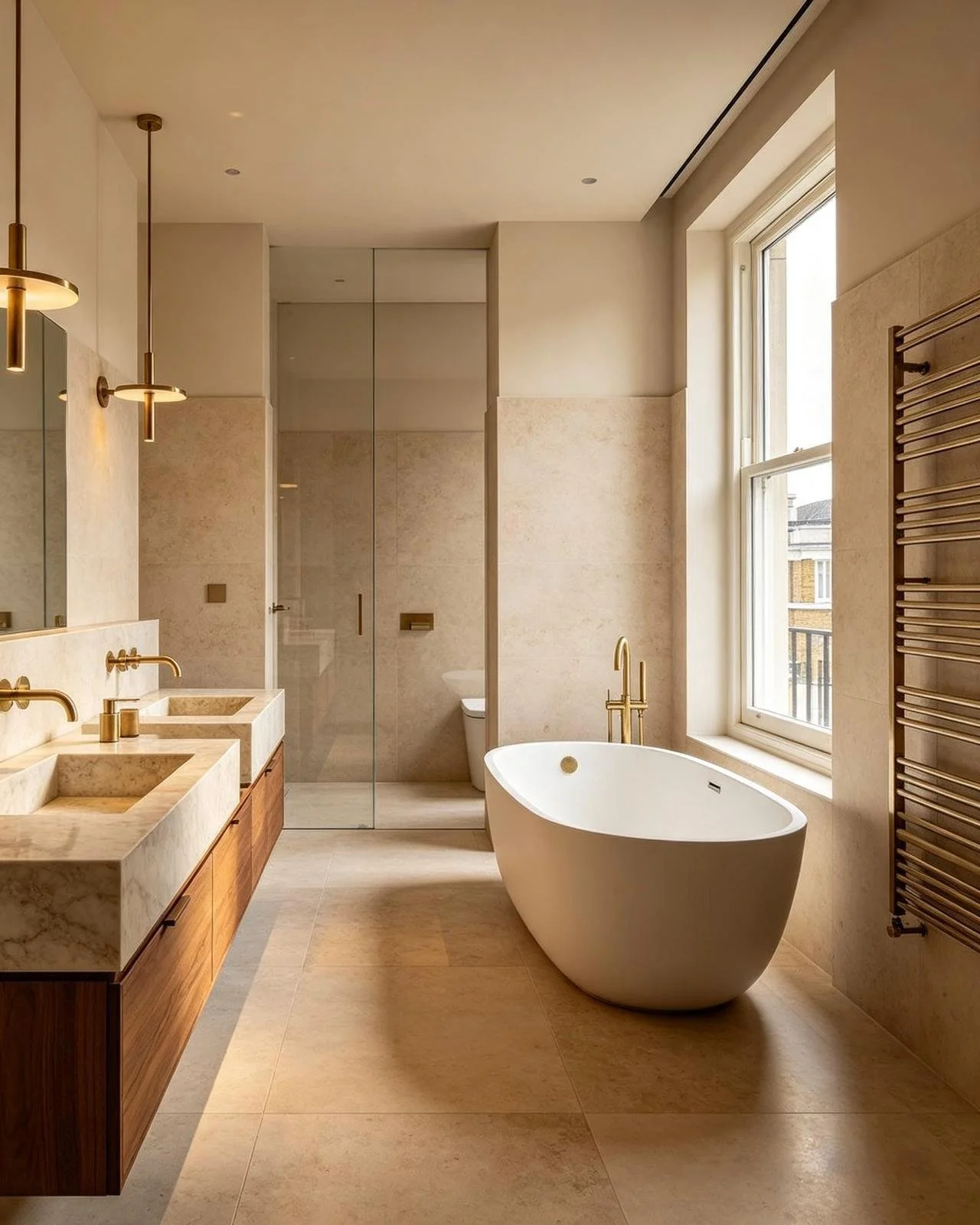 Modern bathroom with a freestanding bathtub, double sink vanity, large window, glass shower enclosure, and neutral-toned tiles and walls.