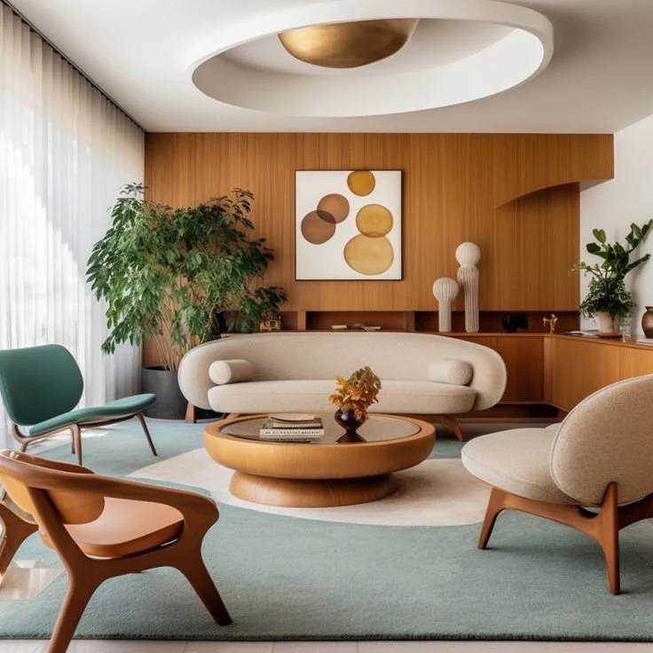 Modern living room with a light-colored sofa, a wooden coffee table with a book and a vase of flowers, a green armchair, a beige armchair, and a large potted plant. Wooden wall paneling and artwork with circles decorate the background. Ceiling has a recessed circular design with a gold accent.