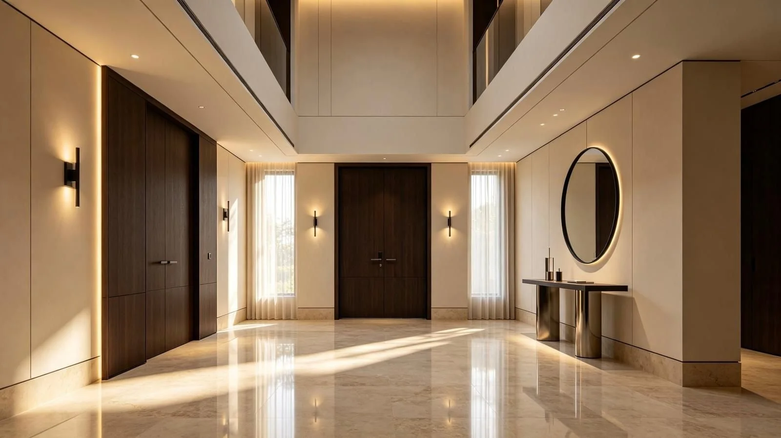 Modern luxury interior with sleek beige walls, dark wood double doors, a marble floor, ambient lighting, and a black round mirror on the wall.