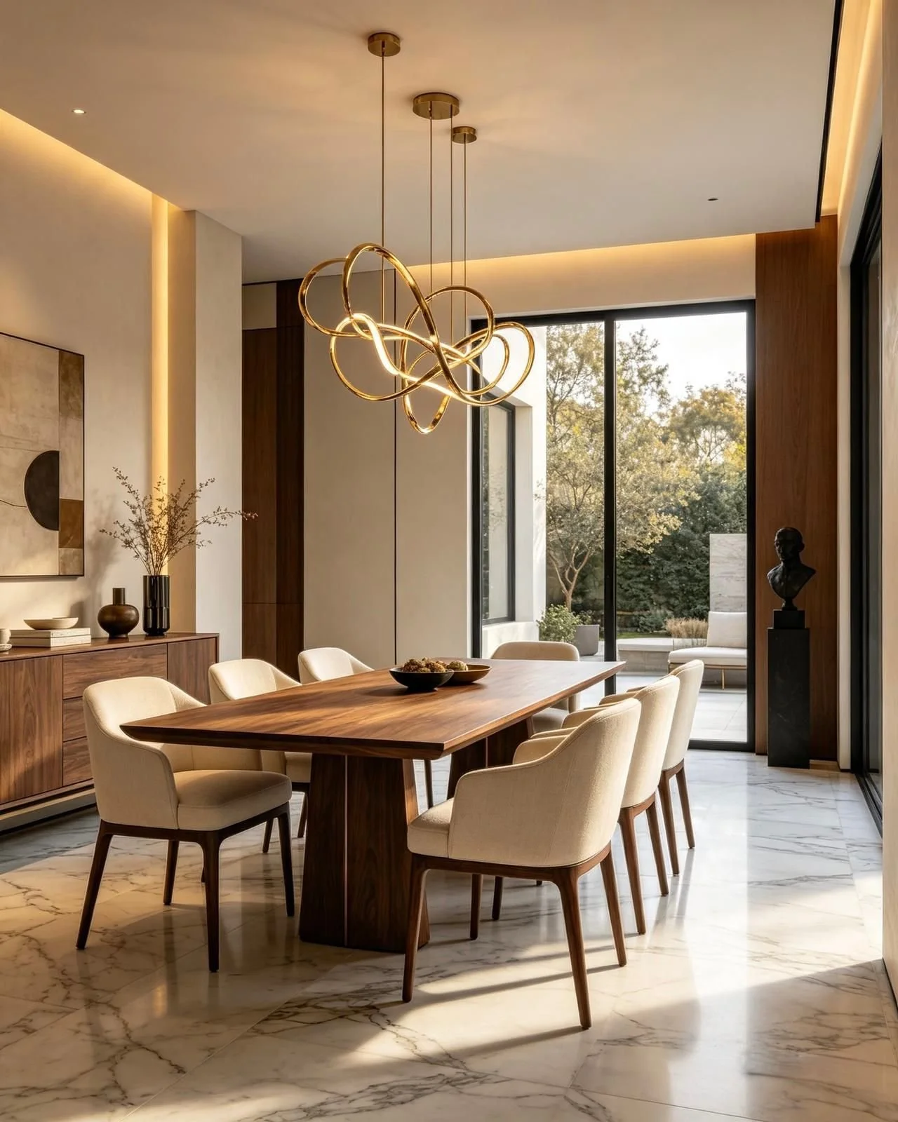 Modern dining room with a wooden table surrounded by beige chairs, a contemporary chandelier overhead, large windows revealing outdoor seating and trees, and decorative artwork and sculptures inside.