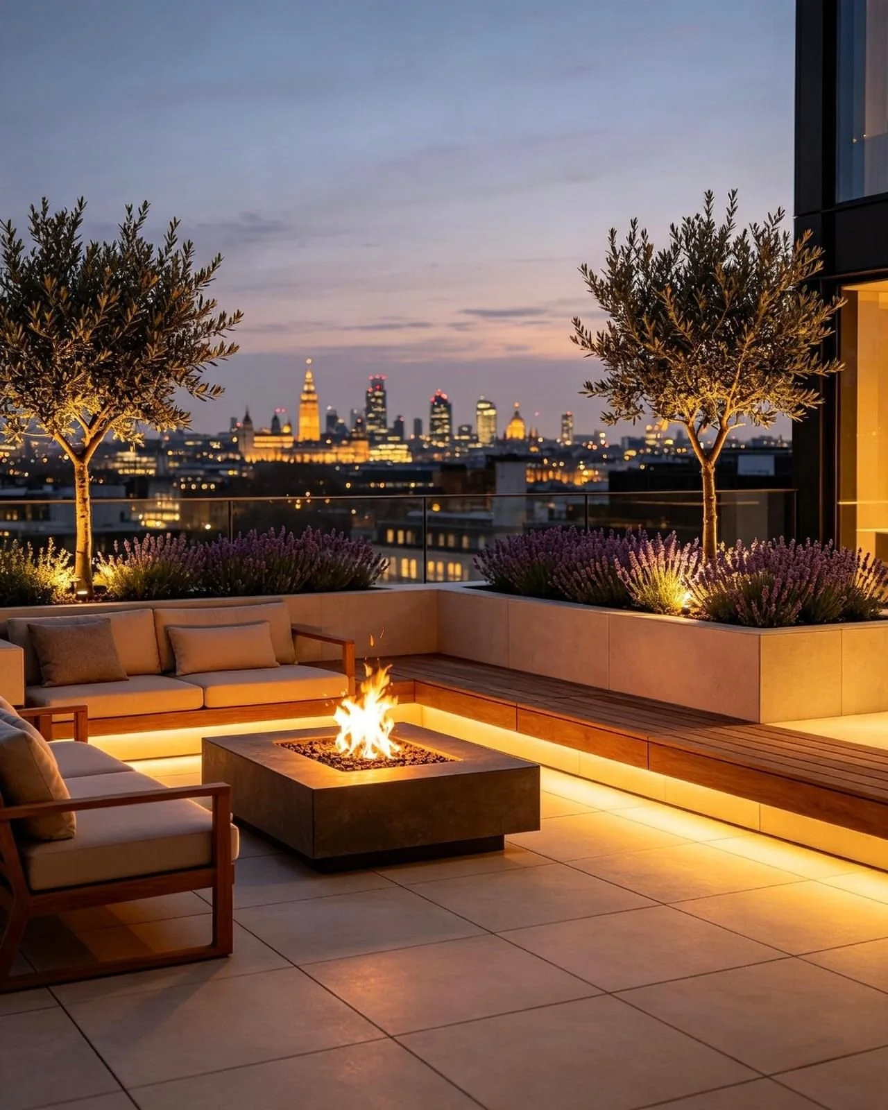 A rooftop patio at dusk with a fire pit, outdoor seating, potted trees, and city skyline in the background.