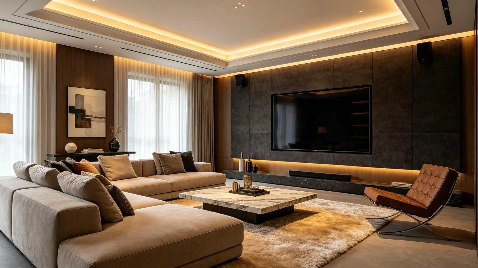 Modern living room with beige sectional sofa, throw pillows, marble coffee table, leather lounge chair, large wall-mounted TV, and window with sheer curtains and warm lighting.