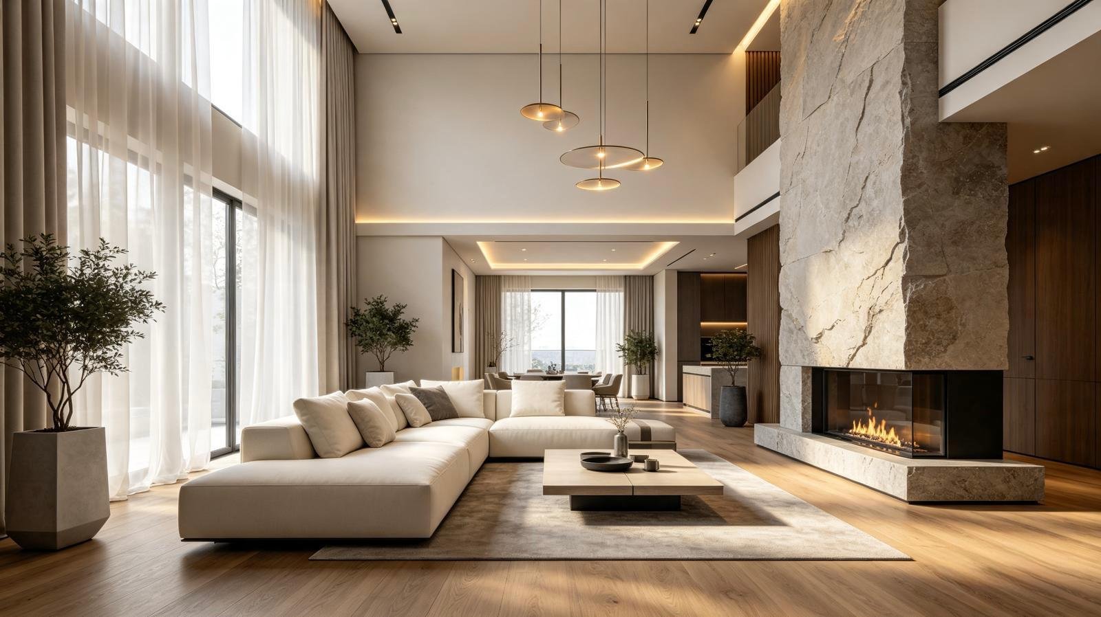 Modern living room with a large white sectional sofa, a stone fireplace, and wood flooring. Large windows with sheer curtains allow natural light. Decor includes potted plants, a rectangular coffee table, and minimal wall art.