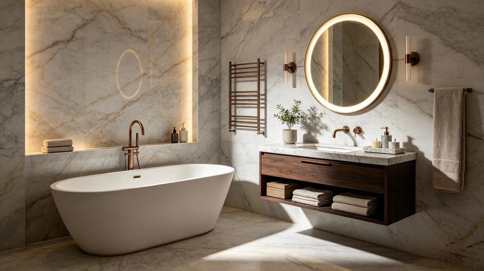 A modern bathroom with a freestanding bathtub, a wooden vanity with a marble countertop, circular mirror with backlit lighting, two wall-mounted light fixtures, towel rack, small potted plant, and marble walls and floor.