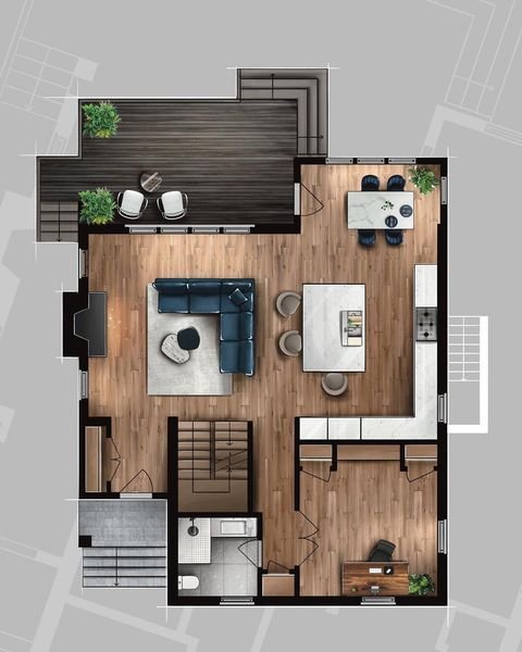 Floor plan of a house with an outdoor patio, living room, dining area, kitchen, bathroom, and a bedroom with a workspace.