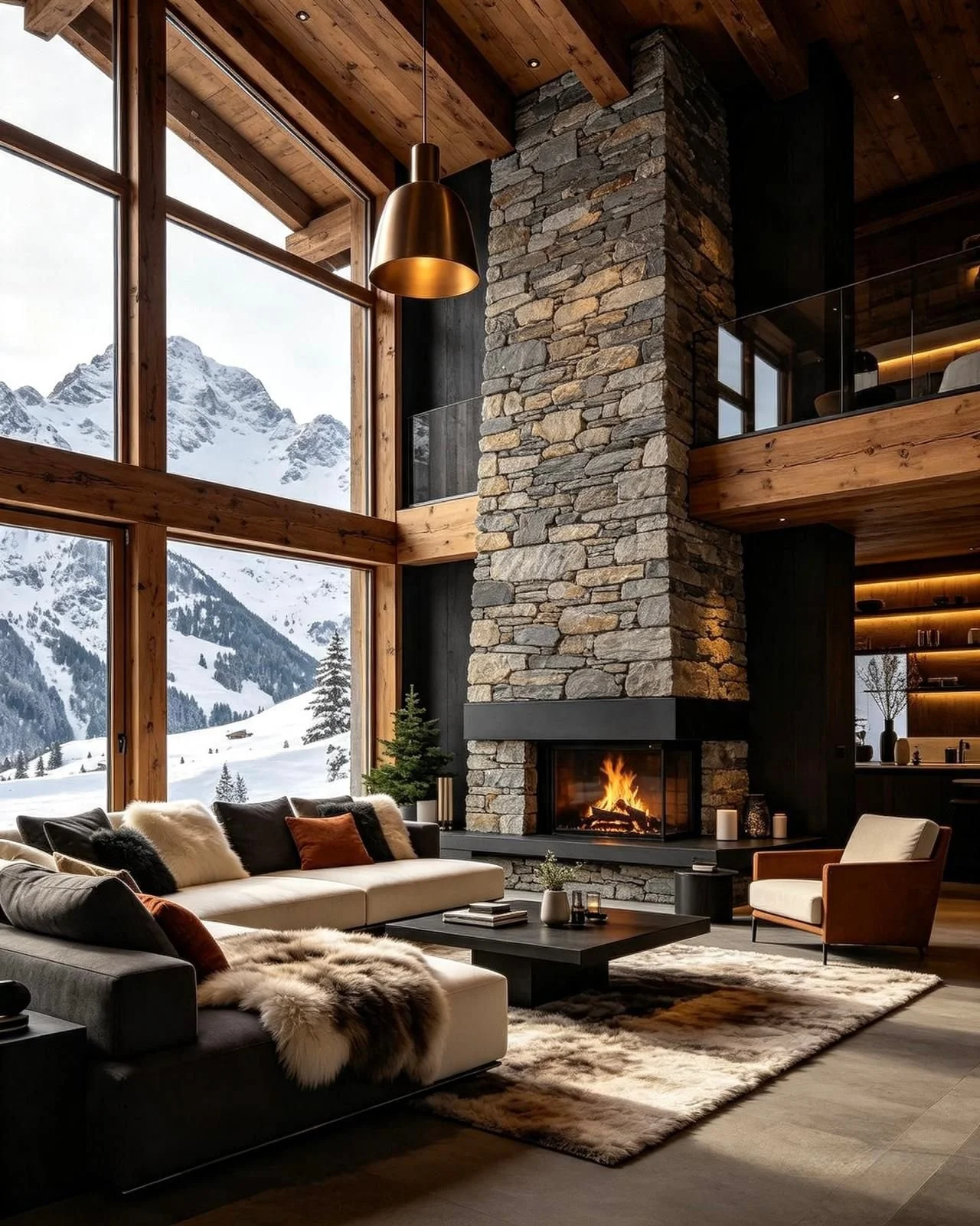 Living room with large windows showing snow-capped mountains, a stone fireplace with a fire, modern furniture with pillows, and wooden interior accents.