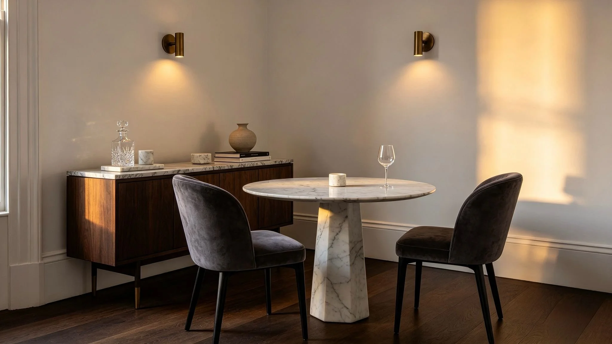 A dining room with a marble top circular table, two velvet chairs, and a wooden sideboard with a marble top, decorated with a glass decanter, a marble box, a vase, and books, illuminated by warm wall sconces.